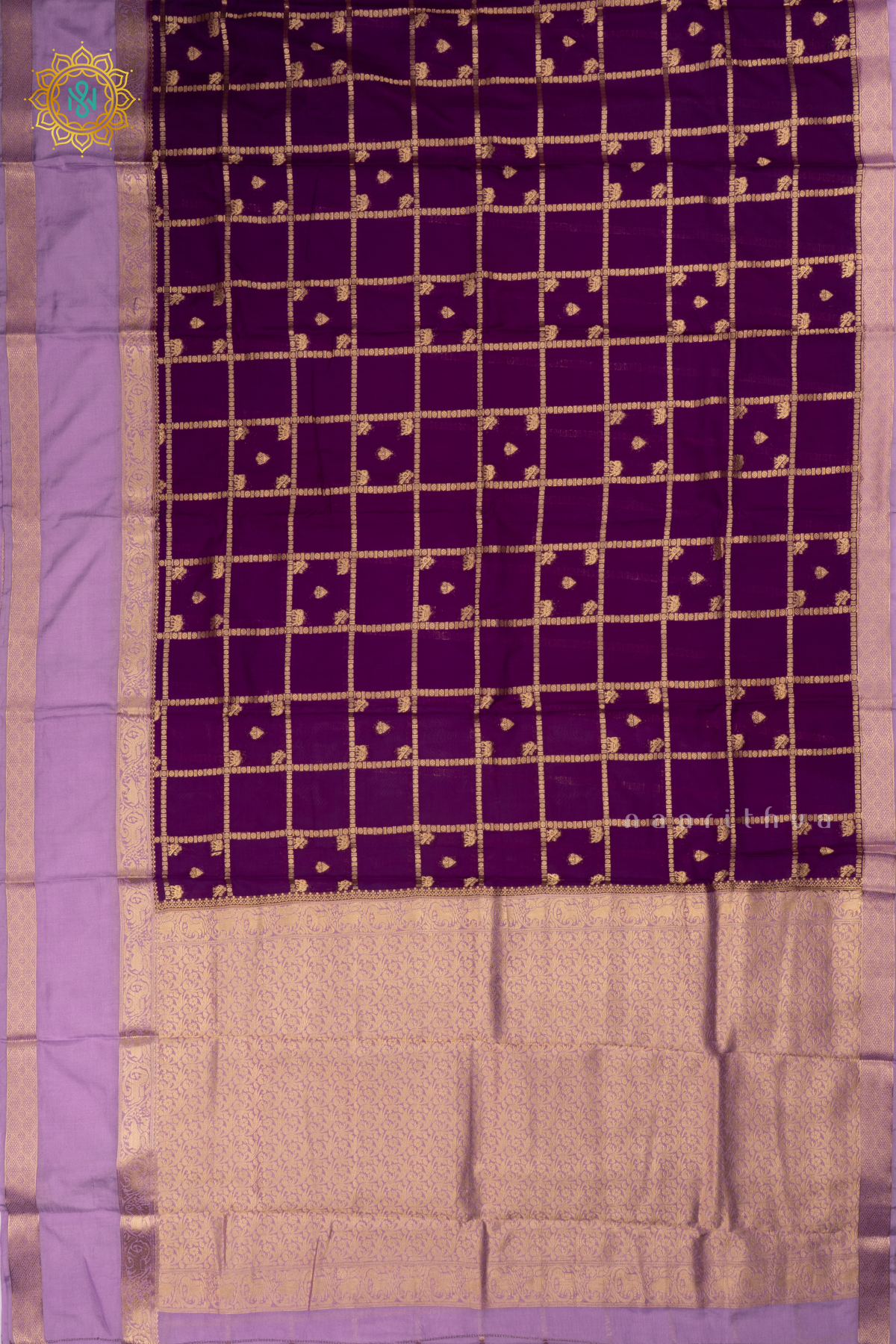 Purple With Lavender Semi Crepe Silk Saree All Over Zari Checks And Buttas With Contrast Zari Gap Border