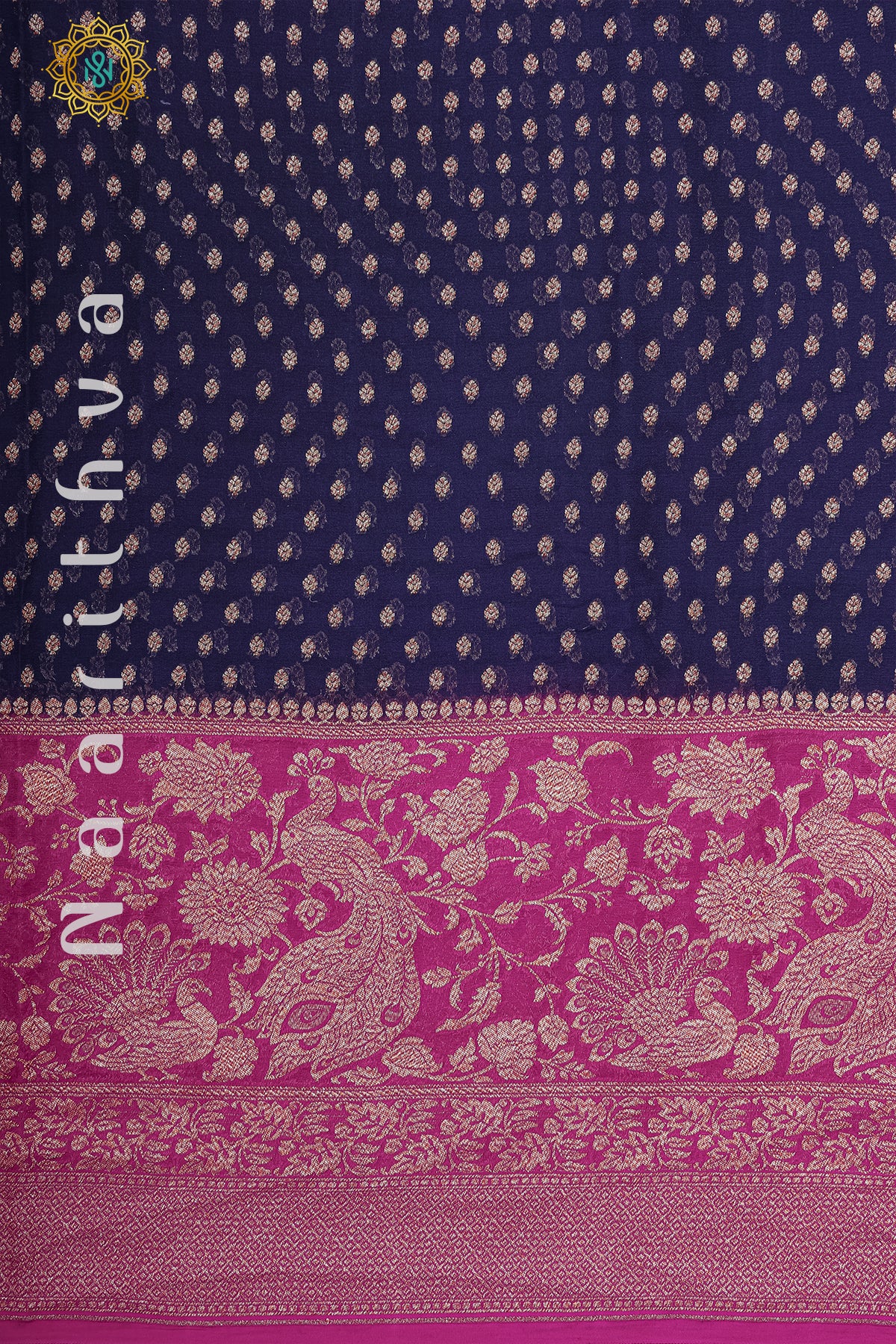 NAVY BLUE WITH PINK - PURE HANDLOOM KHADDI GEORGETTE BANARAS