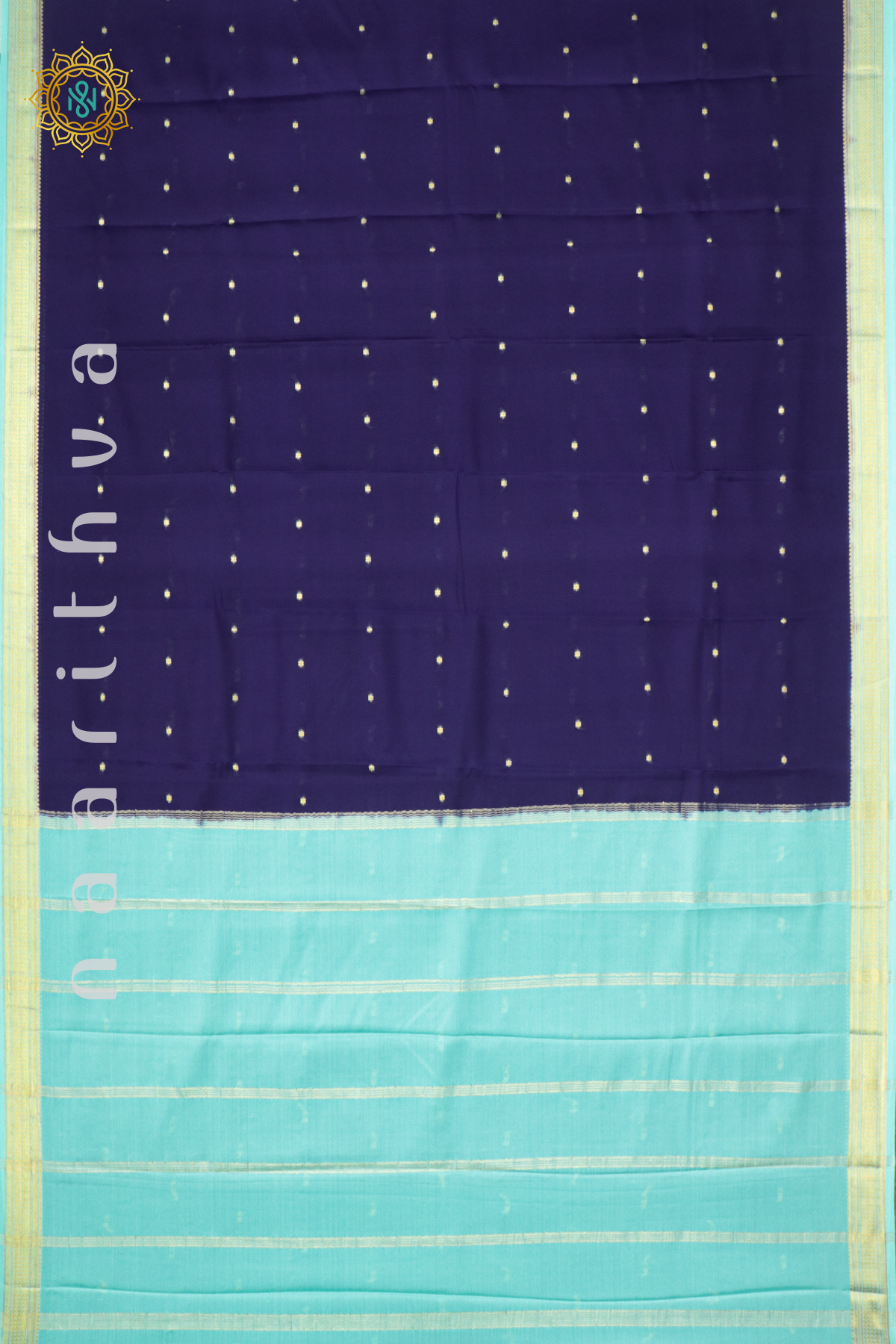 NAVY BLUE WITH AQUA GREEN - PURE MYSORE CREPE SILK