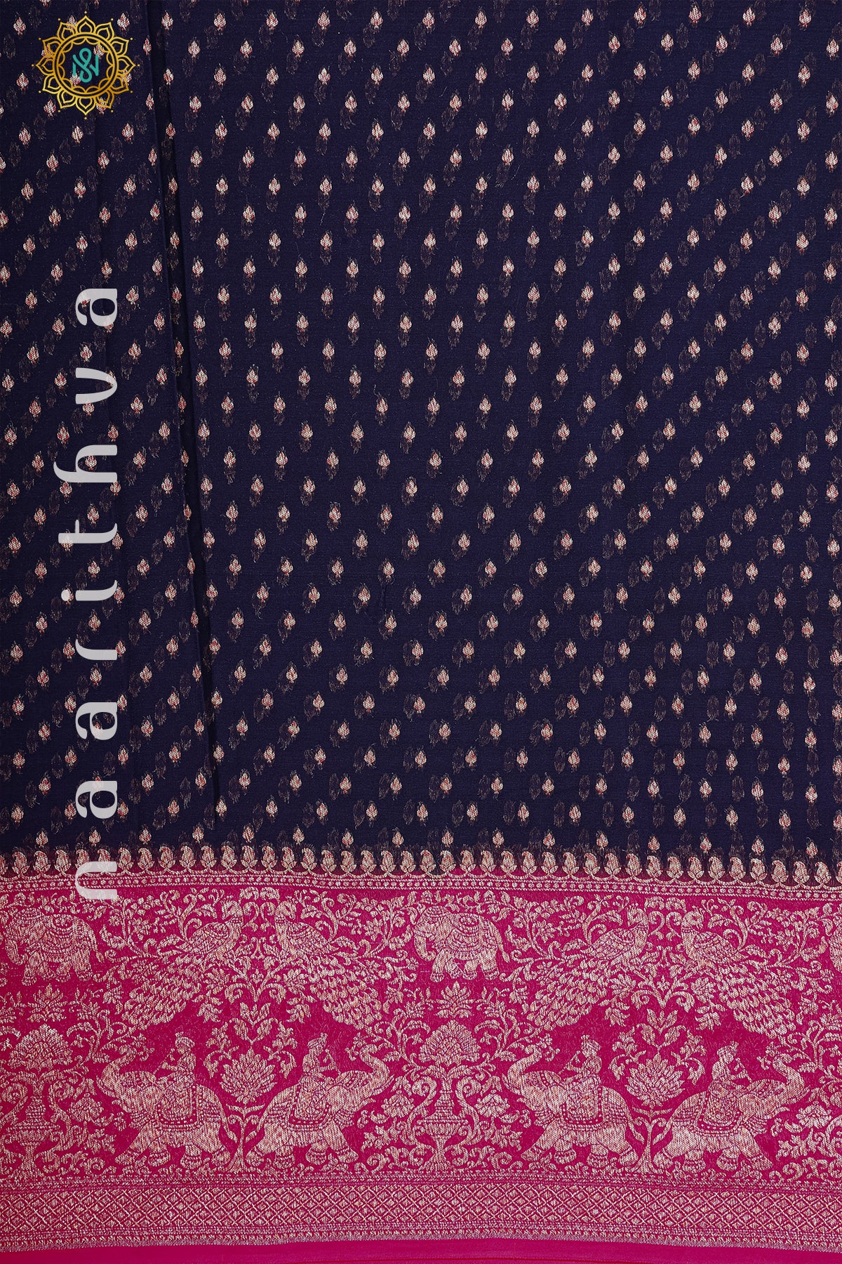 NAVY BLUE WITH PINK - PURE HANDLOOM KHADDI GEORGETTE BANARAS