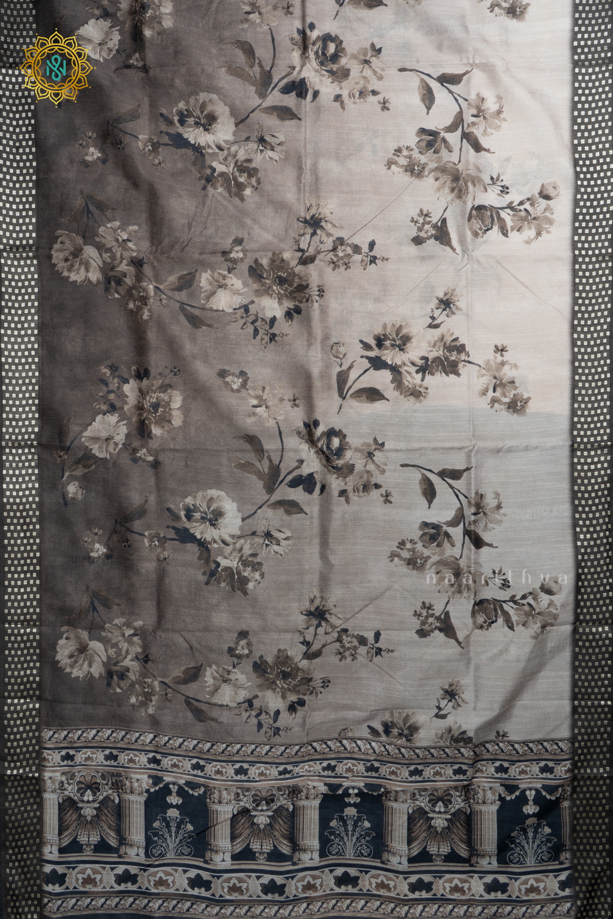 Elephant Grey Semi Cotton Tussar Saree with Printed Body & Contrast Pallu