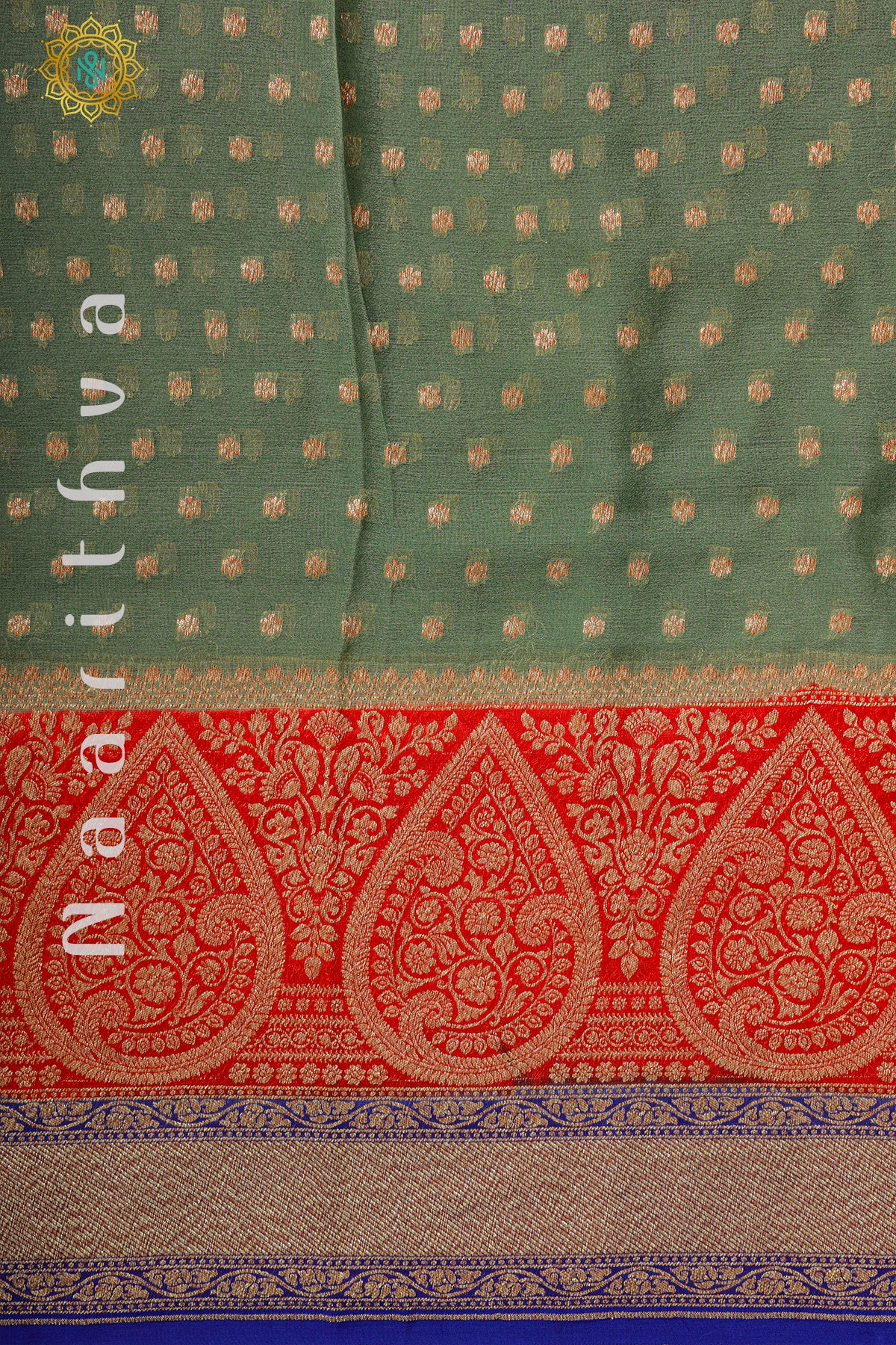 PALE GREEN WITH RED & BLUE - PURE HANDLOOM KHADDI GEORGETTE BANARAS