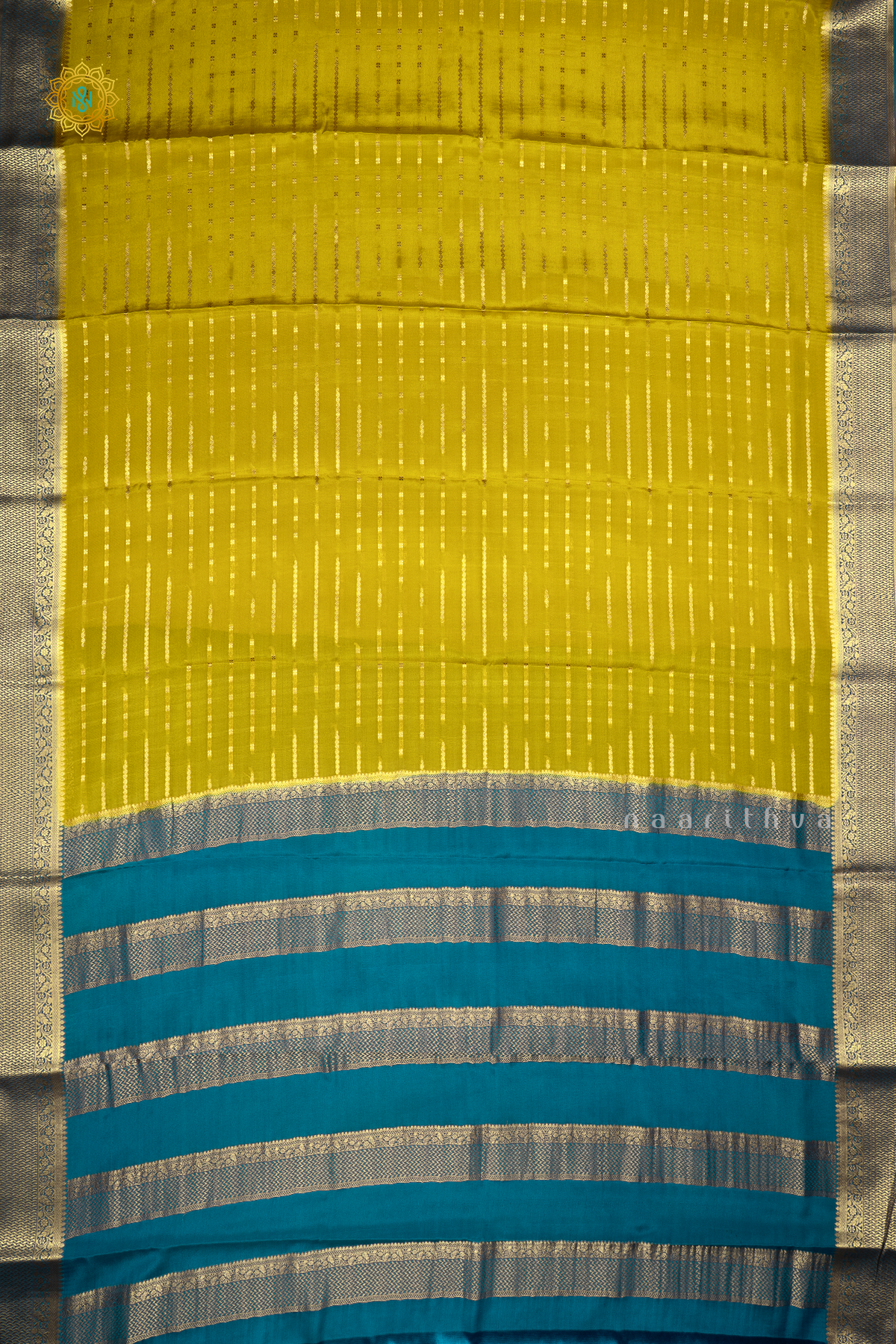 LIME GREEN WITH SKY BLUE - PURE MYSORE CREPE SILK