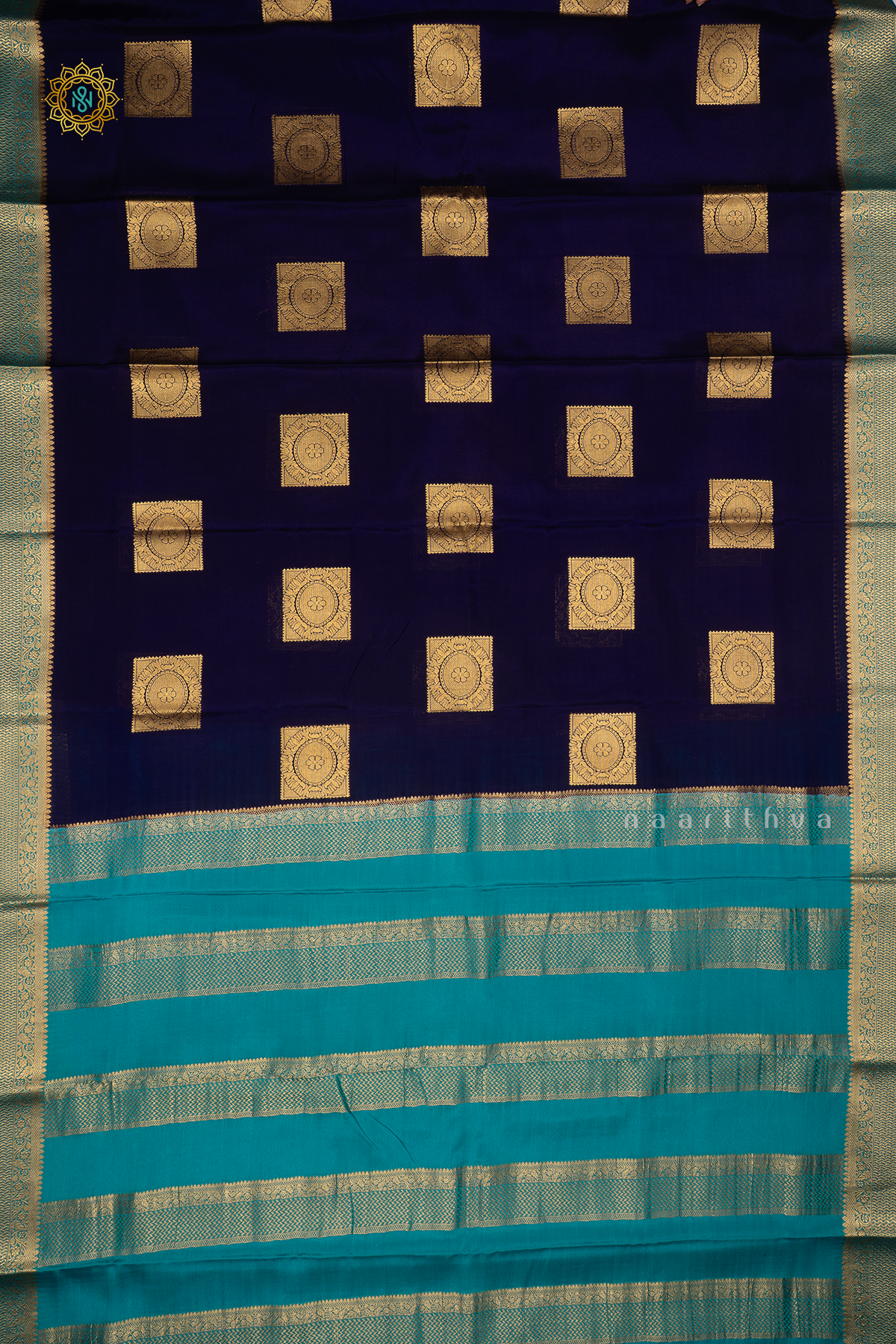 NAVY BLUE WITH AQUA BLUE - PURE MYSORE CREPE SILK