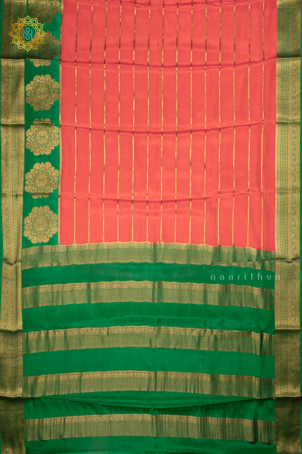 PEACHISH PINK WITH GREEN PURE MYSORE CREPE SILK