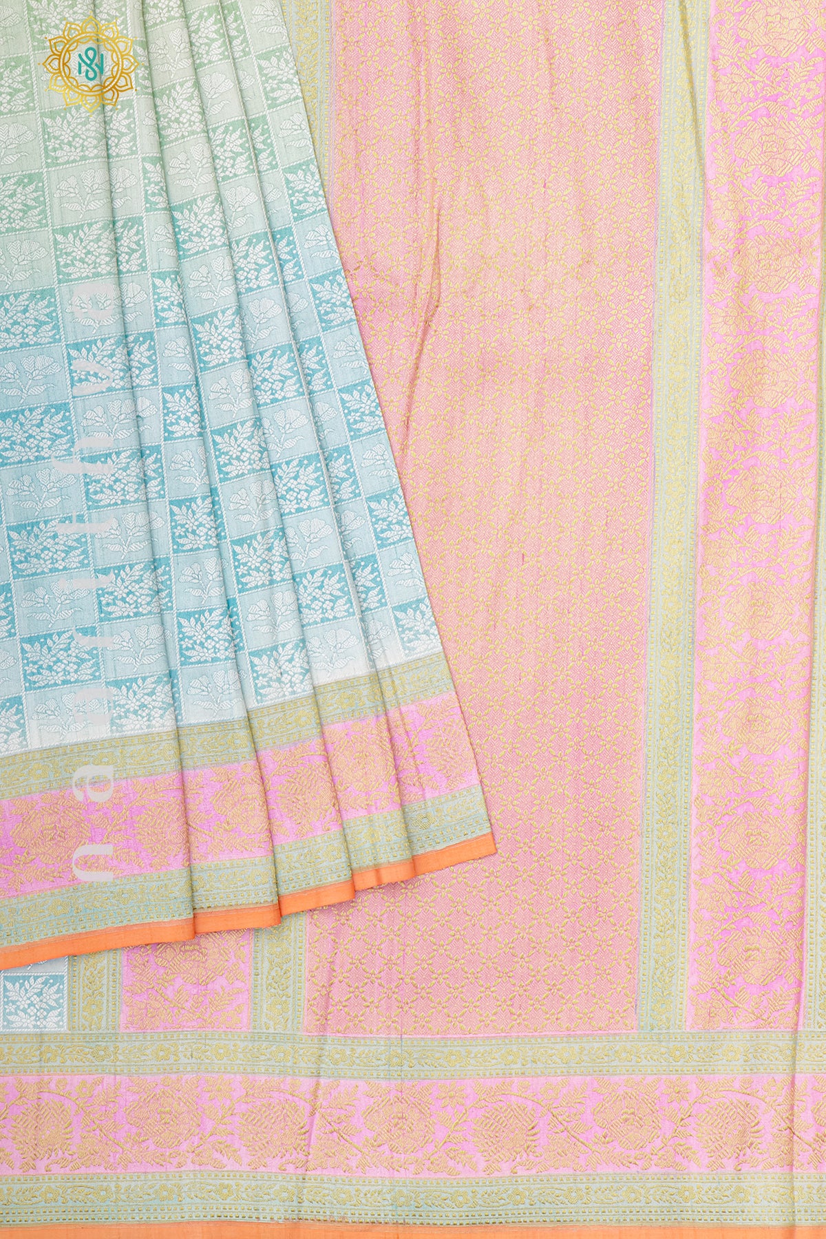 AQUA GREEN WITH AQUA BLUE & ORANGE - PURE HAND PAINTED TUSSAR GEORGETTE