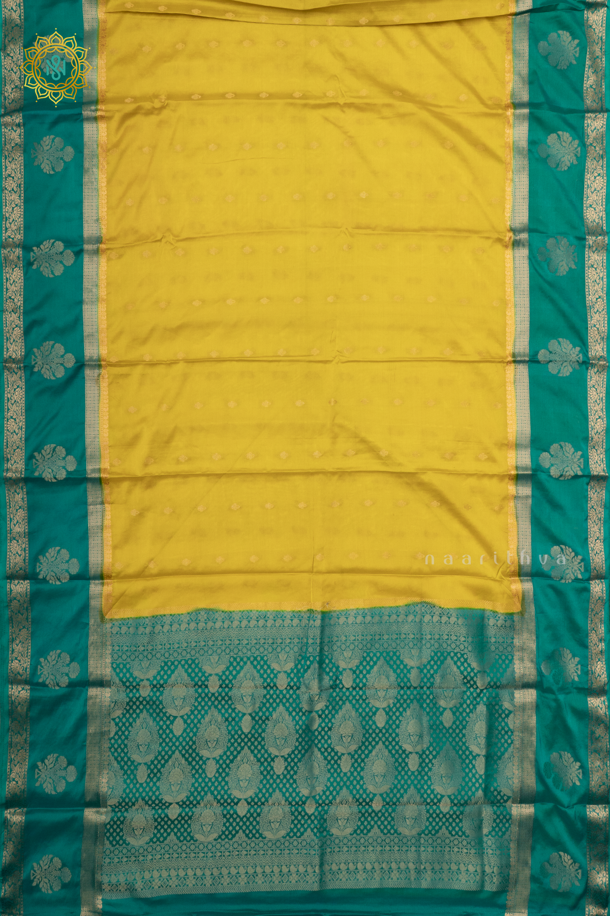 LEMON YELLOW WITH CYAN GREEN - SEMI MYSORE CREPE SILK