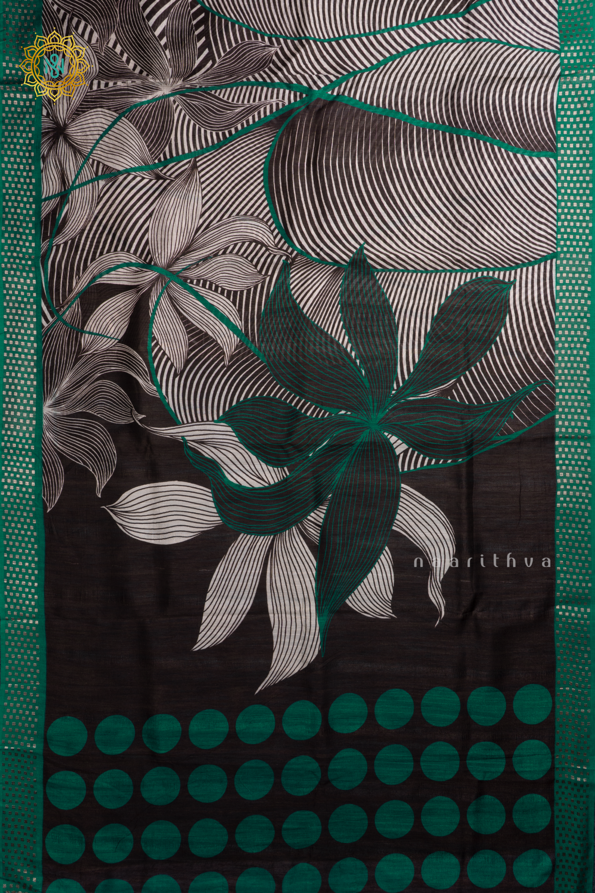 Black With Green Semi Cotton Tussar Saree with Printed Body & Contrast Pallu
