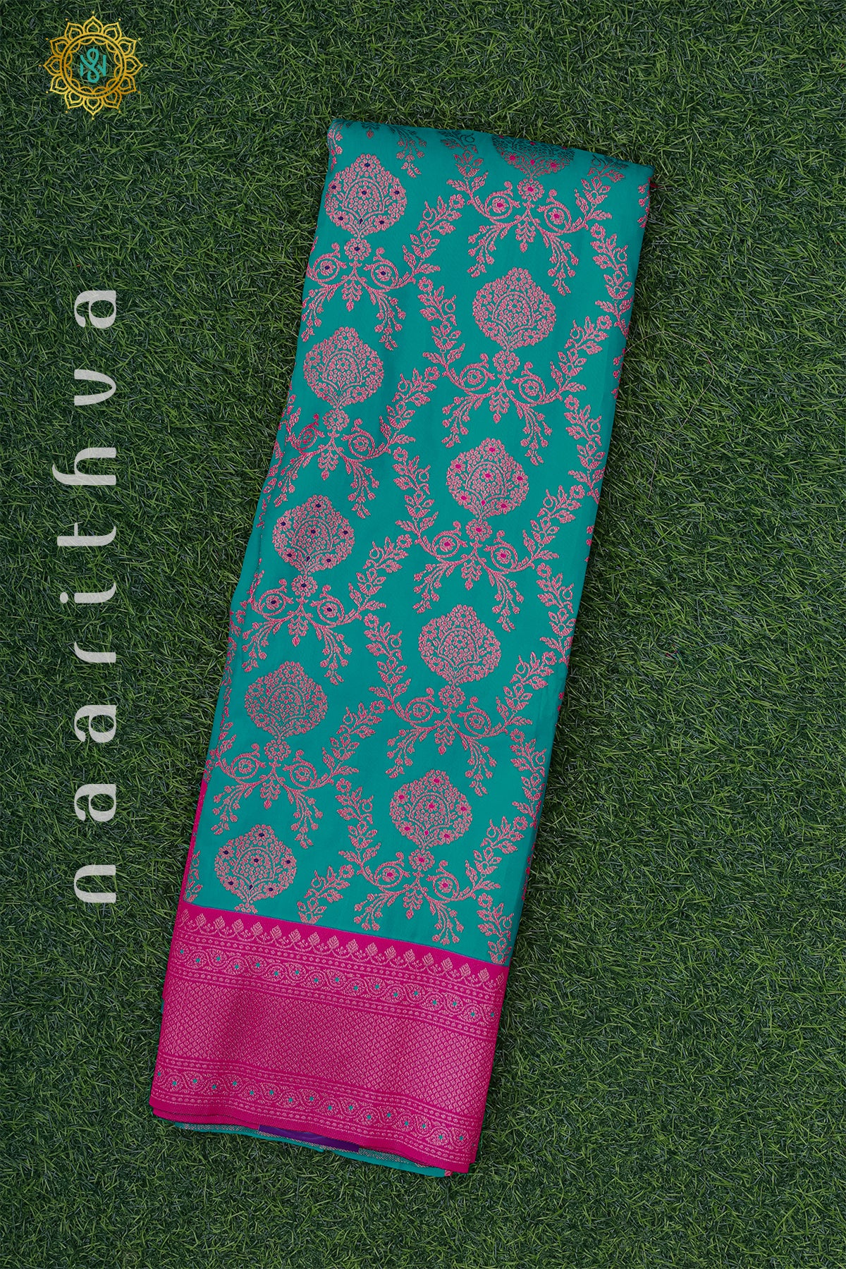 CYAN GREEN WITH PINK - SEMI KANCHI