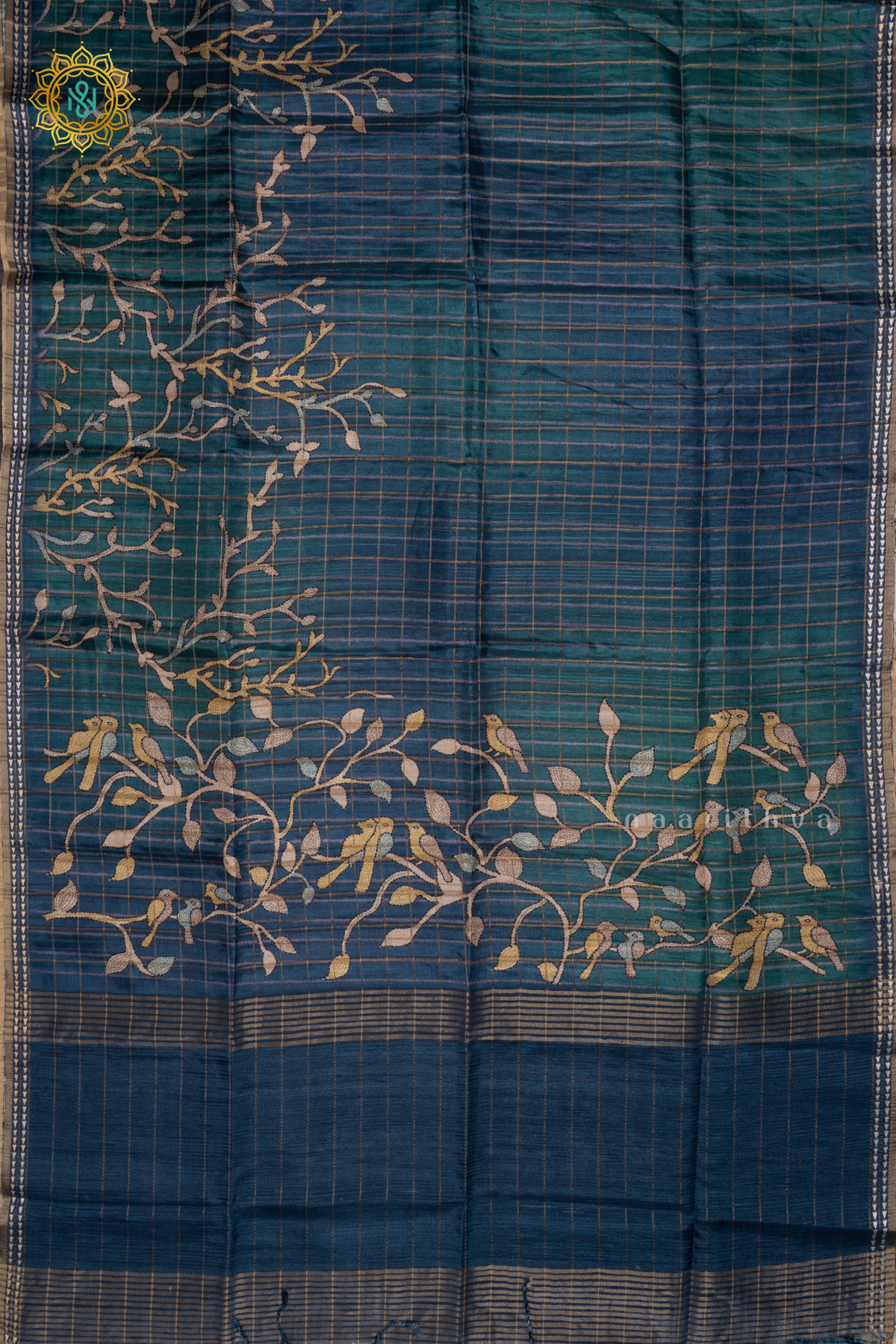 PEACOCK BLUE - KOTHA TUSSAR SAREE WITH PRINTED AND ZARI CHECKS BODY, THREAD WOVEN BORDER