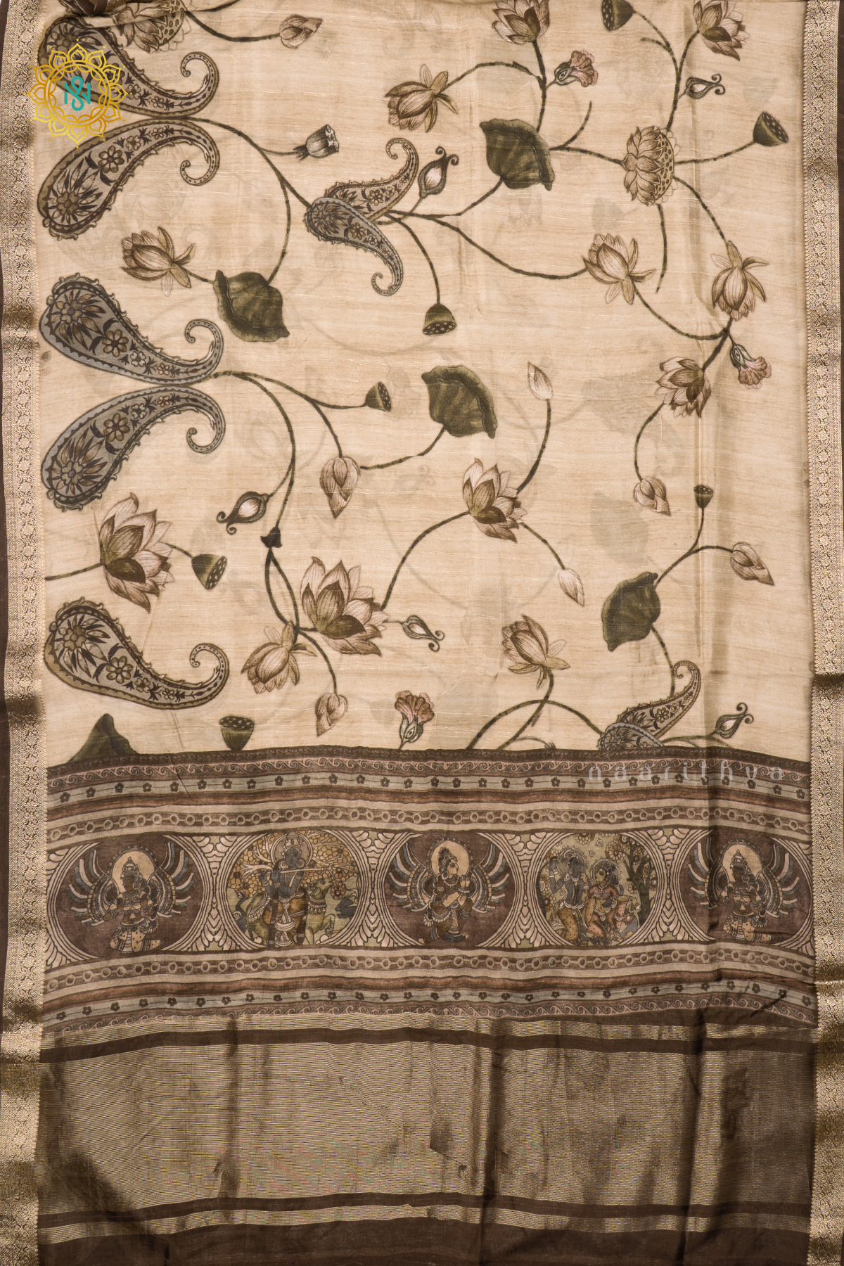 BEIGE WITH  BROWN - SEMI CREPE SILK