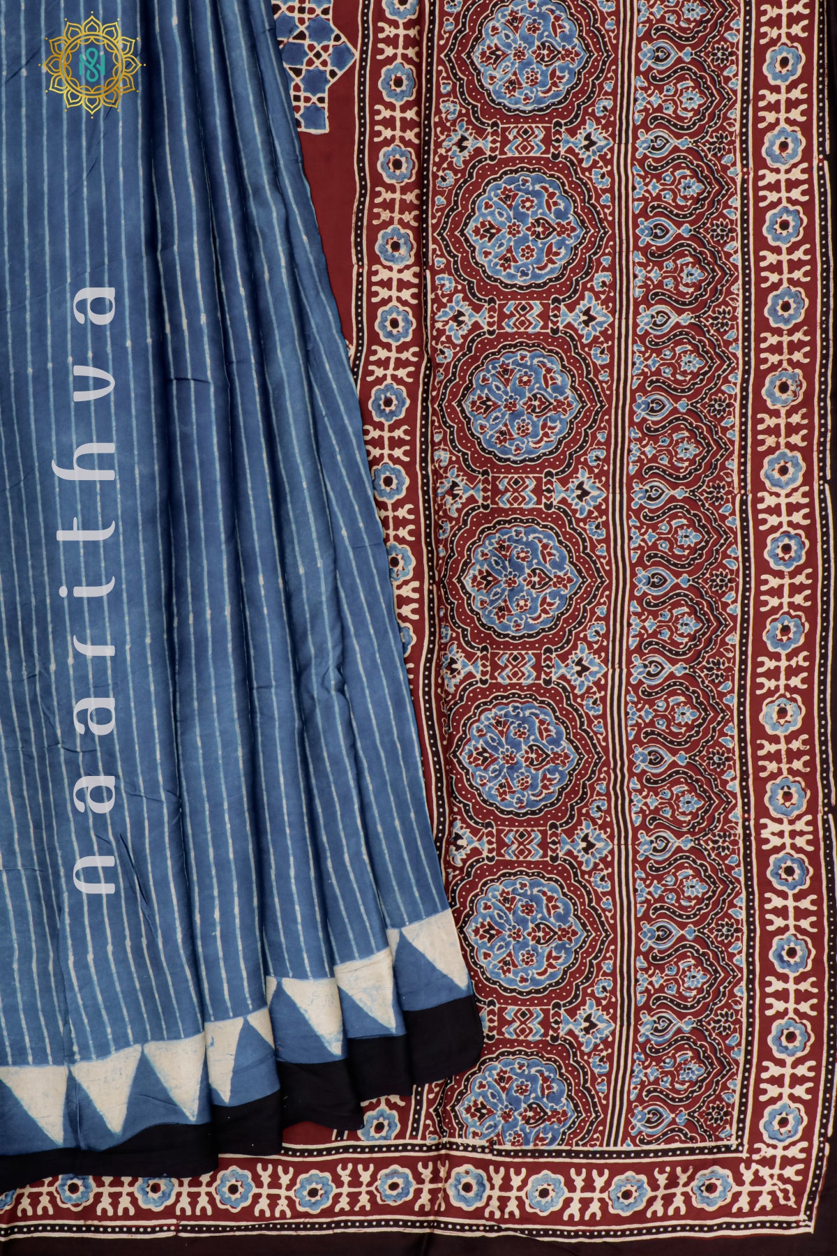 BLUE WITH MAROON - MODAL SILK WITH AJRAKH PRINT