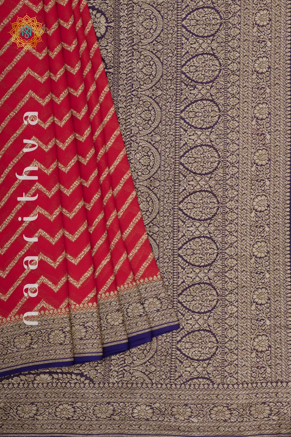 RED WITH NAVY BLUE - PURE HANDLOOM KHADDI GEORGETTE BANARAS