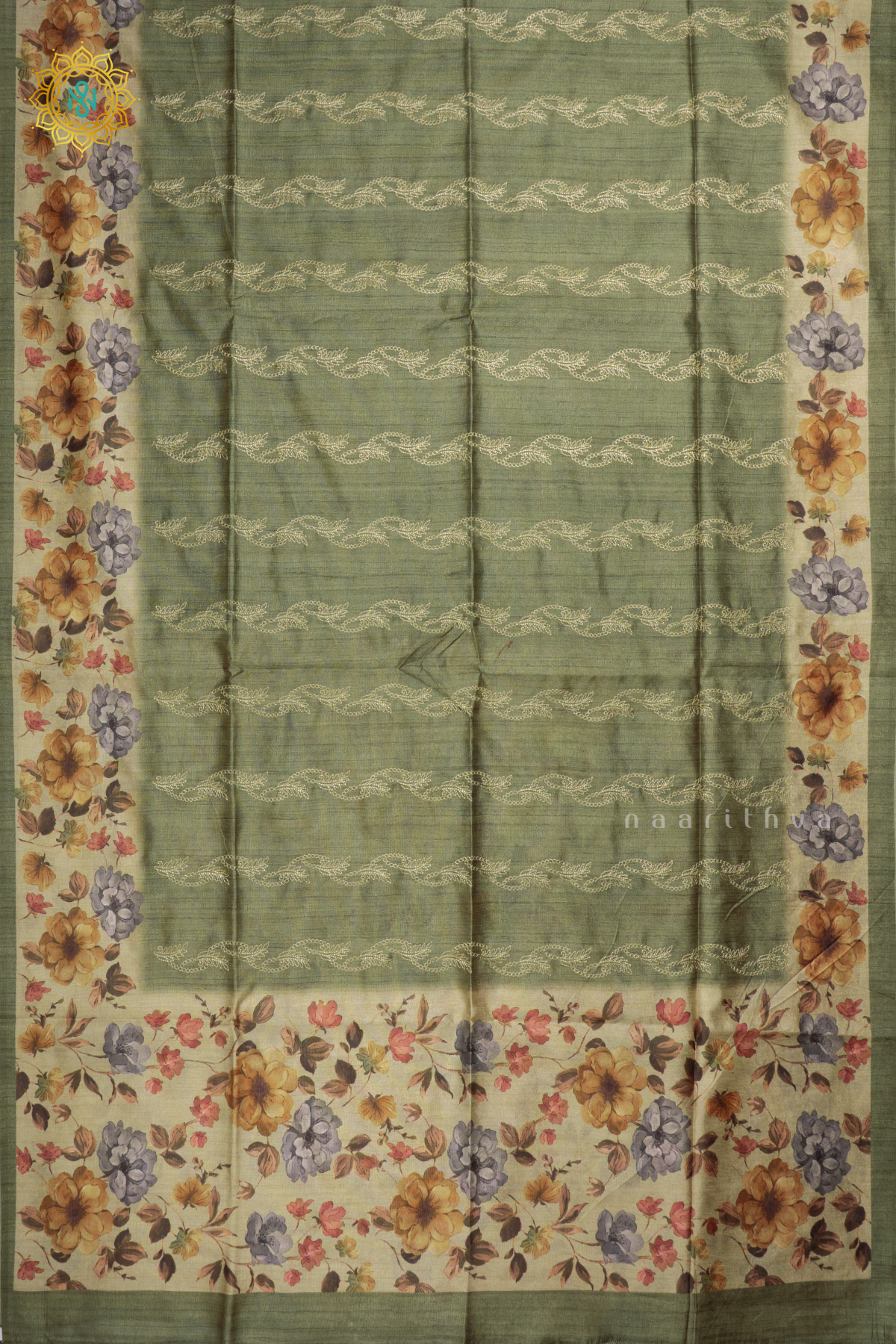 GREEN WITH BEIGE - SEMI TUSSAR SILK