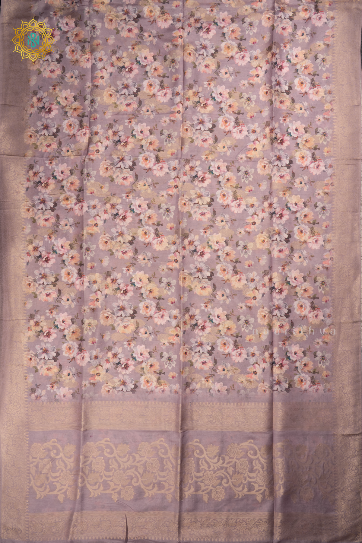 Lavender Semi Crepe Silk Saree with Printed Body, Zari Border, and Zari Pallu