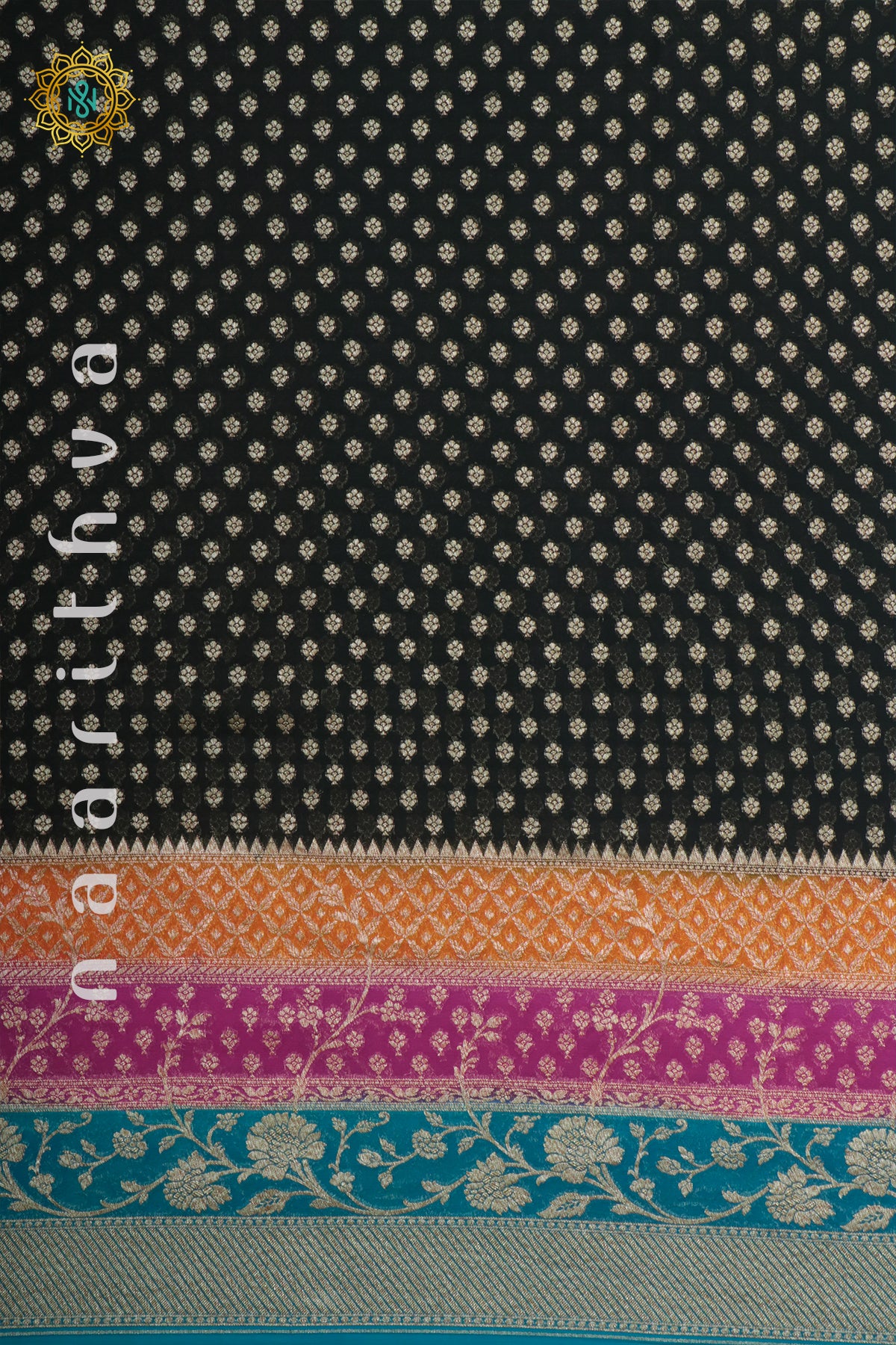 BLACK WITH ORANGE, PINK & SKY BLUE - PURE BANARASI KHADDI GEORGETTE