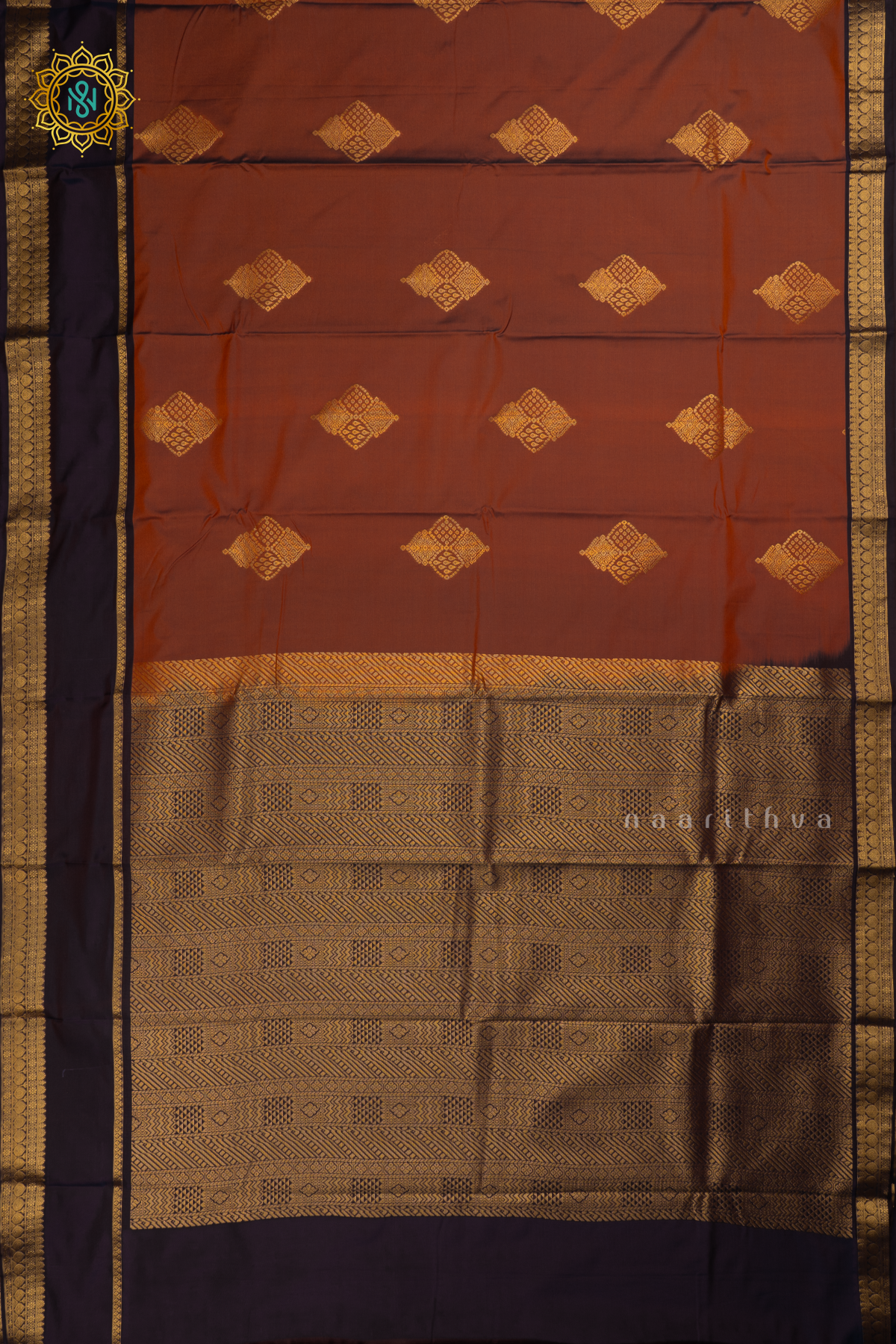 Rust Orange with Wine Semi Kanchi Saree With Zari Buttas All Over And Contrast Zari Gap Border