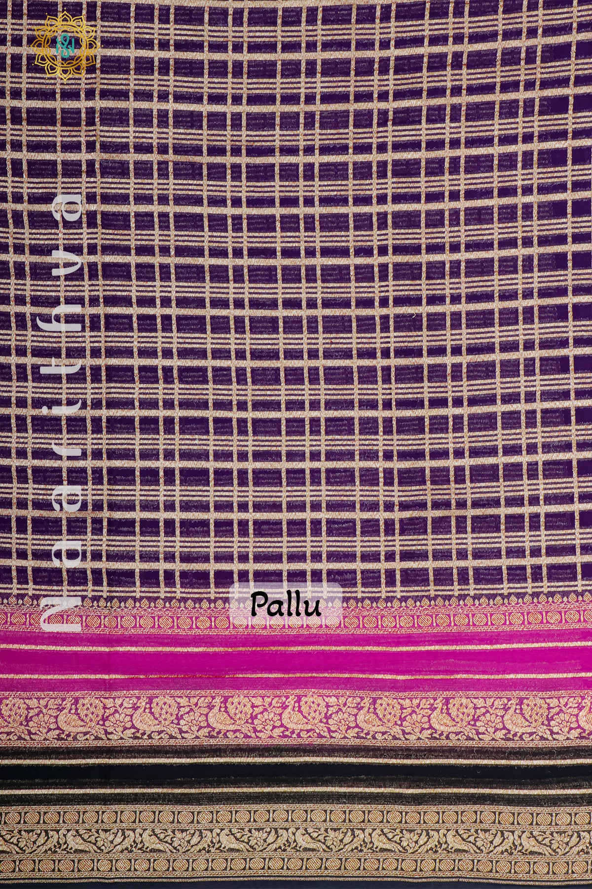 NAVY BLUE WITH PINK & BLACK - PURE HANDLOOM KHADDI GEORGETTE