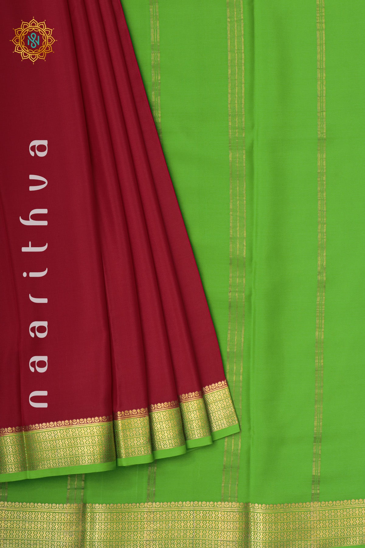 RED WITH PARROT GREEN - PURE MYSORE CREPE SILK