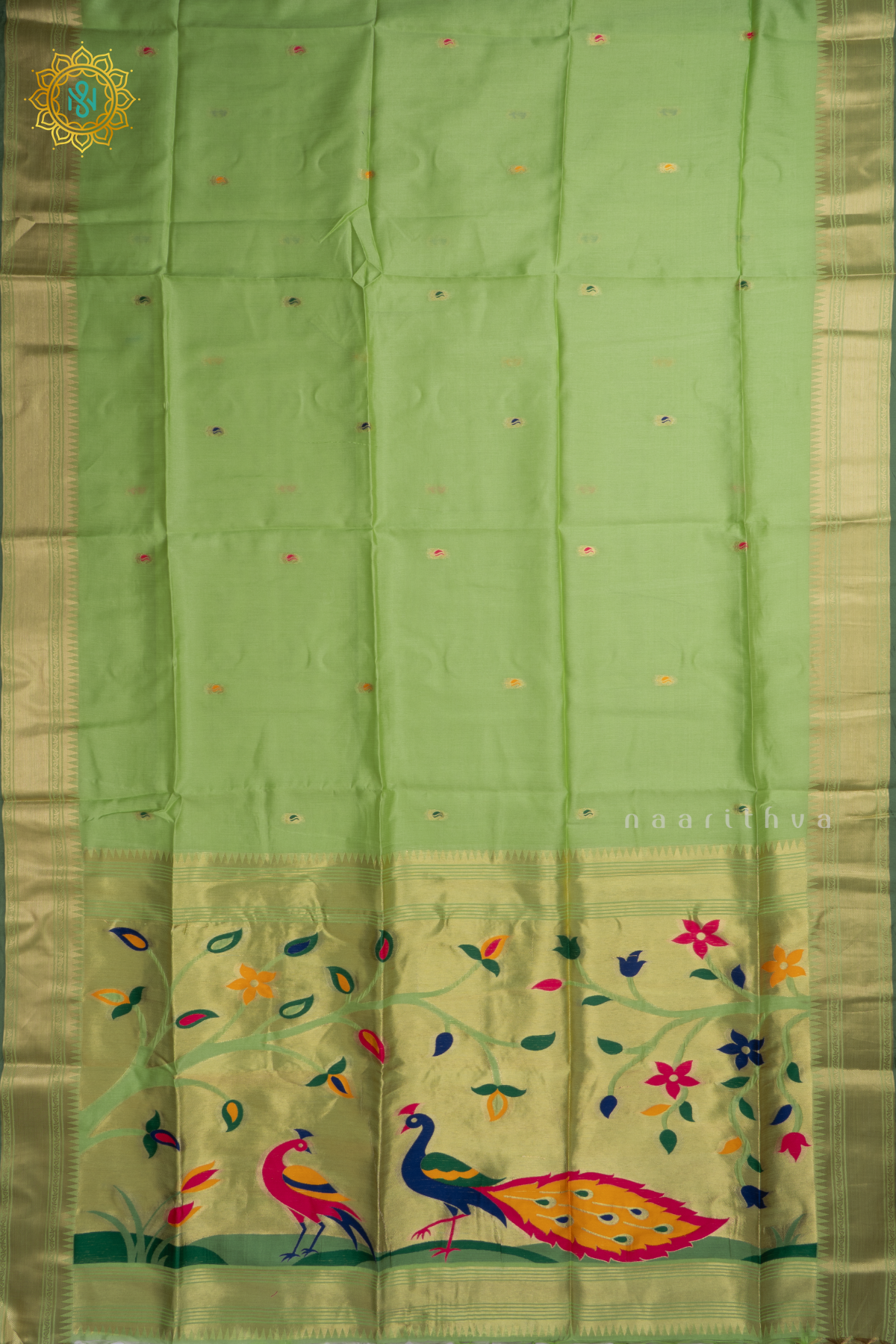 Light Green Semi Tussar Silk Saree Zari Buttas On The Body With Paithani Border & Pallu