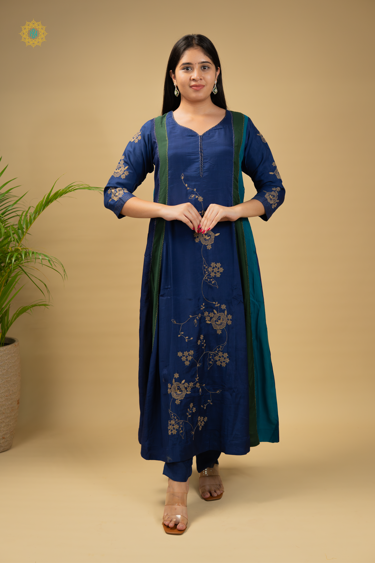 GREEN WITH BLUE - 3PC DOLA SILK SALWAR SUITS WITH TOP, BOTTOM & DUPATTA