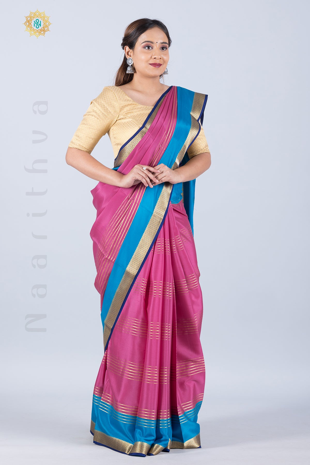 PINK WITH BLUE - PURE MYSORE CREPE SILK WITH GOLD ZARI IN 3D PATTERN