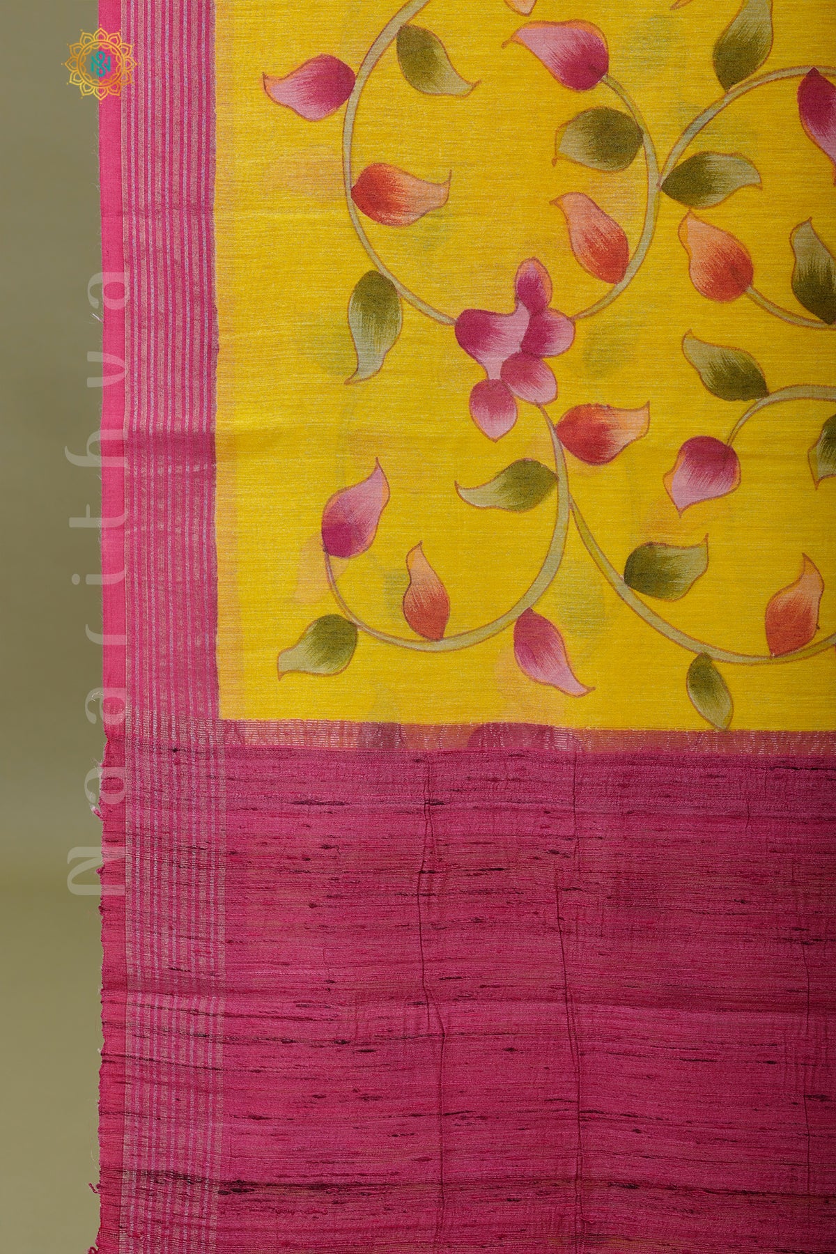 YELLOW WITH PINK - PURE MOONGA TUSSAR WITH HAND PAINT
