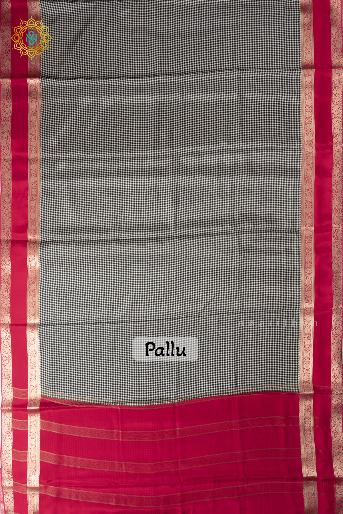 Black And White Gingham Semi Crepe Silk Saree with Reddish Pink Contrast Zari Border, Pallu & Blouse