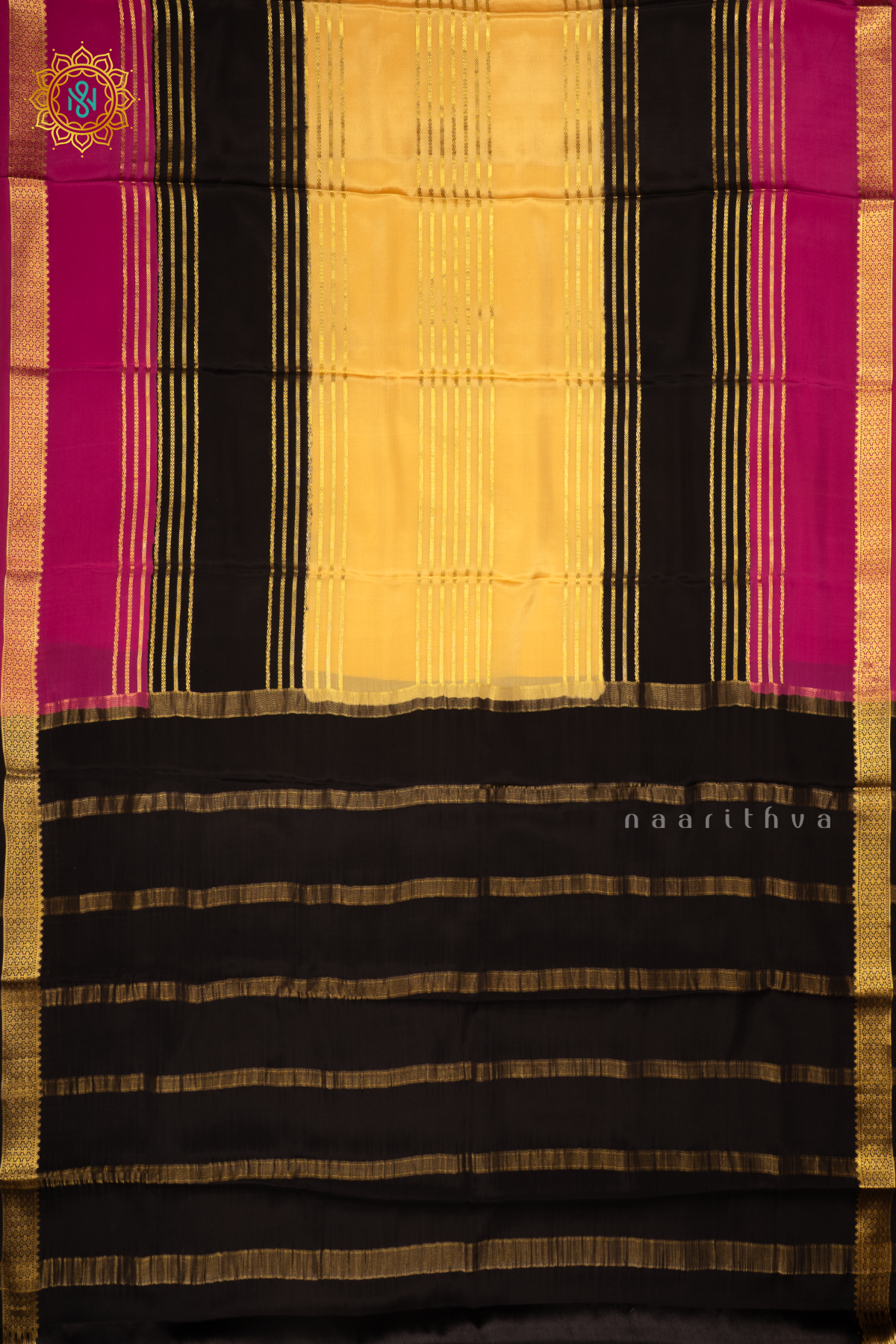 LIGHT BISCUIT WITH BLACK AND MAGENTA  - PURE MYSORE CREPE SILK