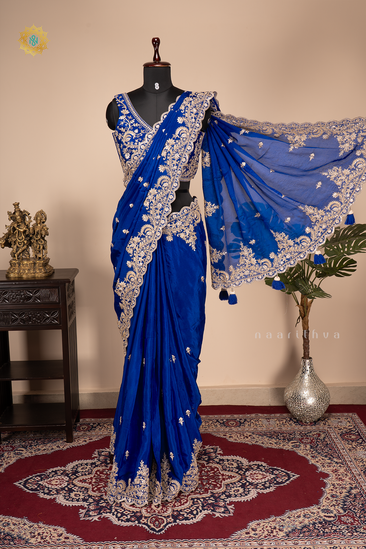Blue Crepe Party Wear Saree With Readymade Blouse