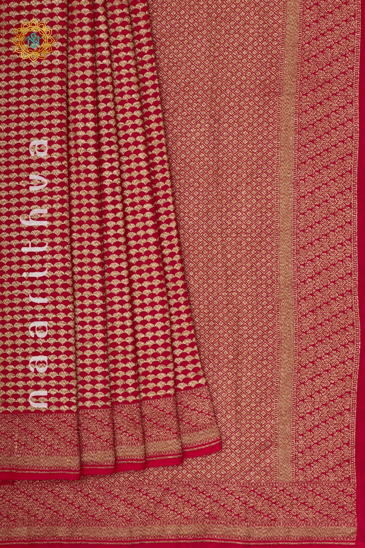 RED WITH GREEN - PURE BANARASI CREPE SILK