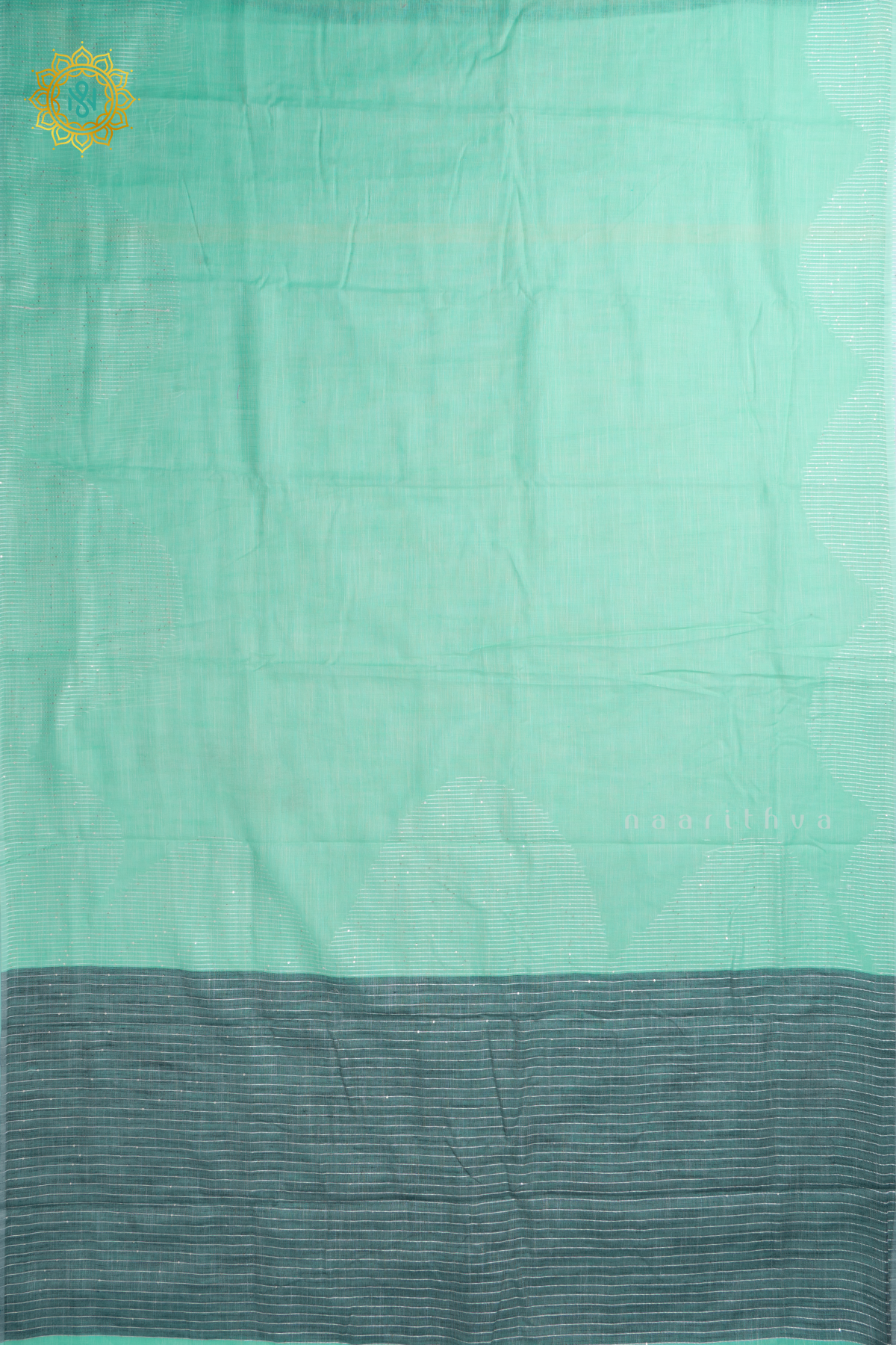 Aqua Green With Grey Linen By Cotton Saree With Contrast Pallu & Blouse