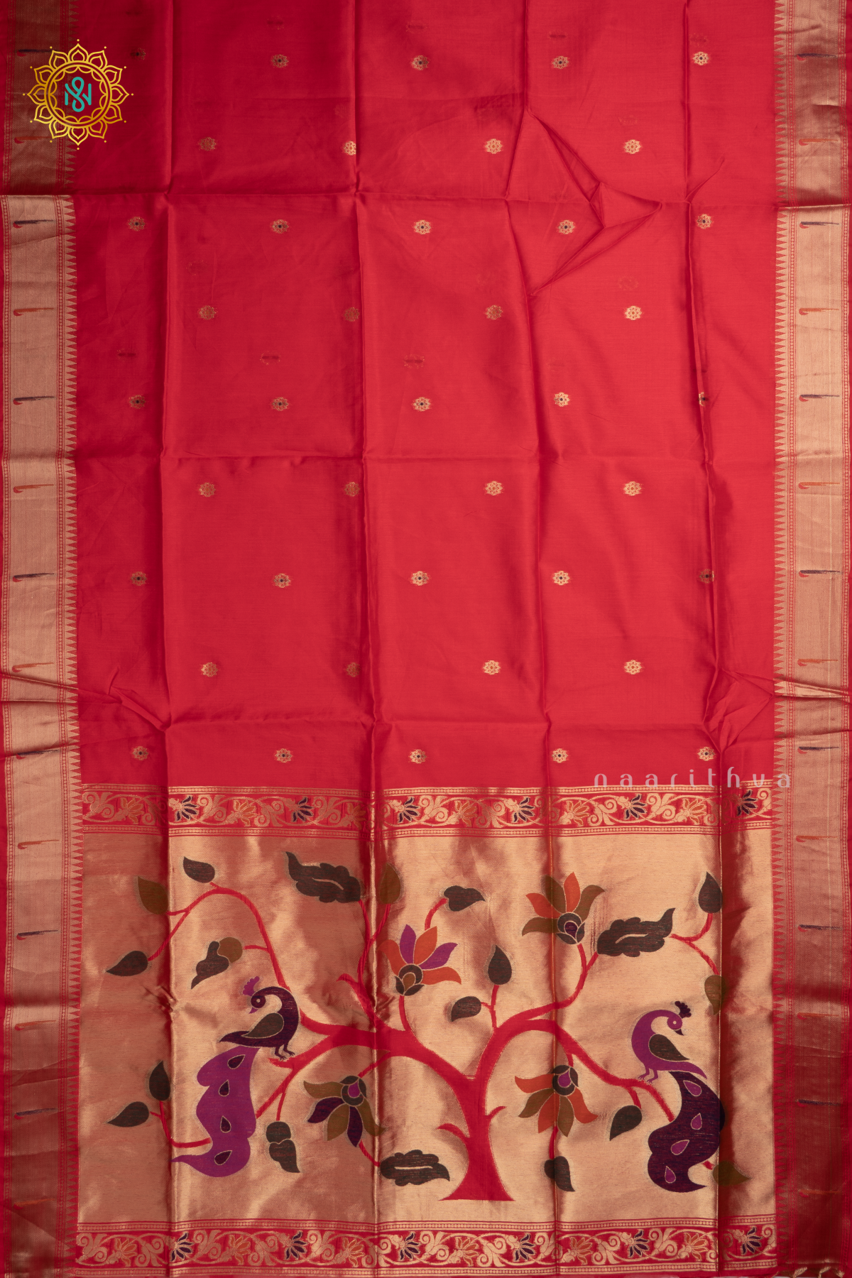 Red Semi Tussar Silk Saree Zari Buttas On The Body With Paithani Border & Pallu