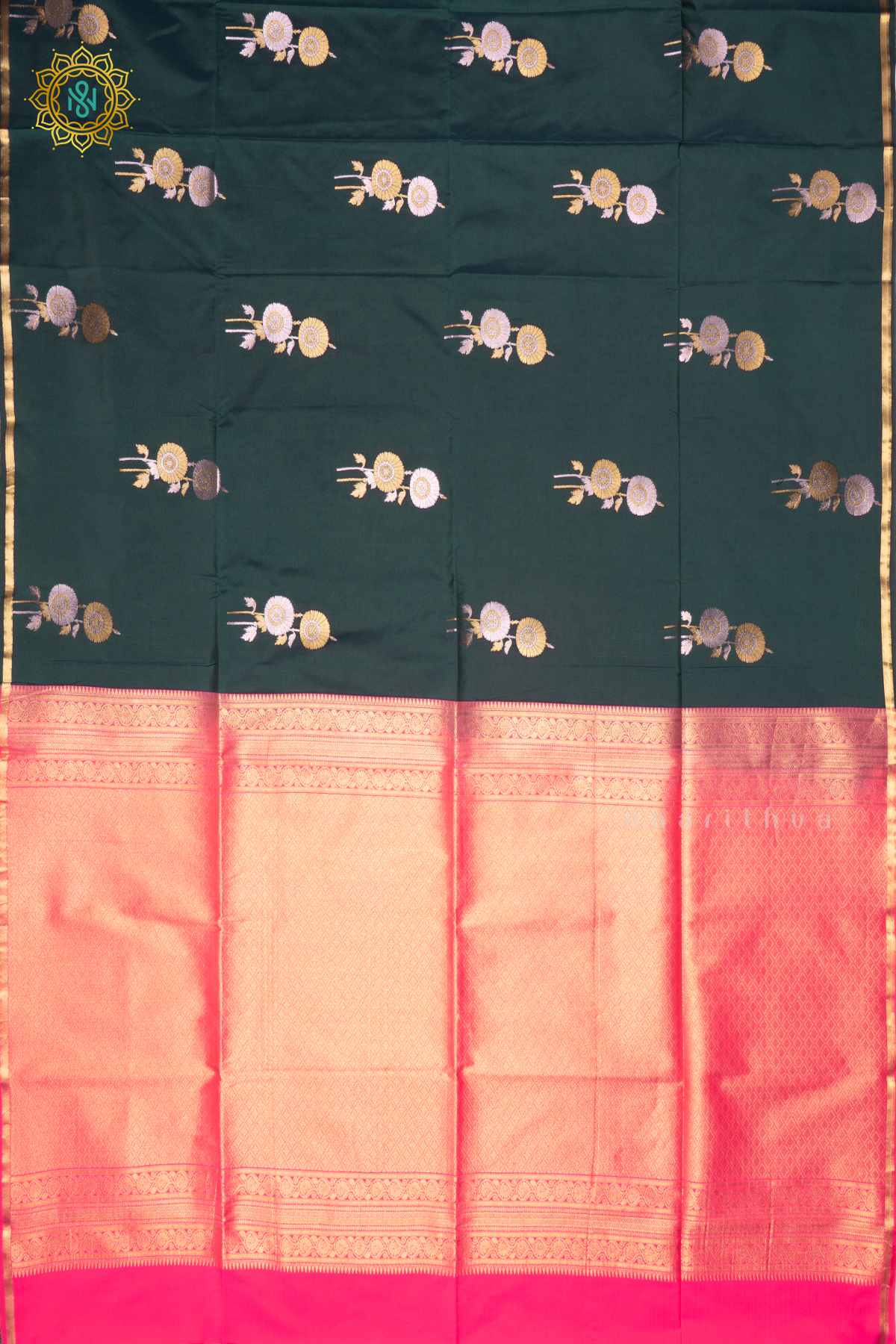 BOTTLE GREEN WITH PINK - SEMI  SOFT SILK SAREE ALLOVER ZARI BUTTAS AND CONTRAST GAP BORDER