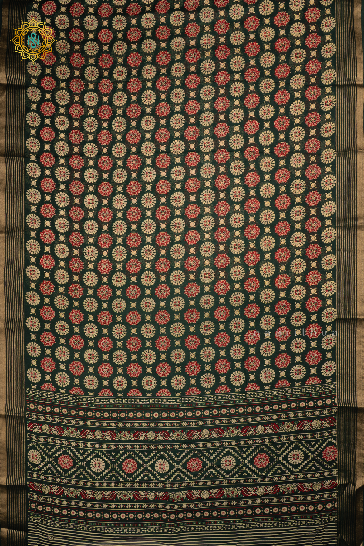 BOTTLE GREEN - SEMI GEORGETTE PRINTED BODY WITH ZARI STRIPED BORDER