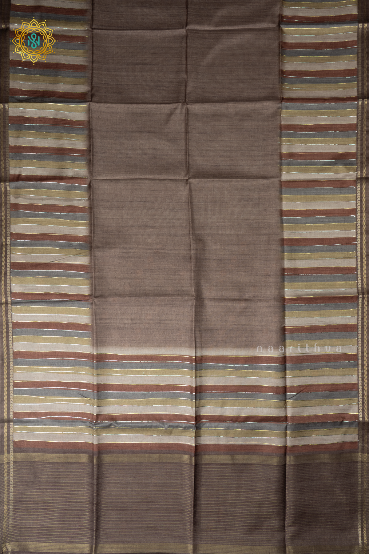 Brown Semi Tussar Silk Saree With Vertical Stripes & Contrast Pallu
