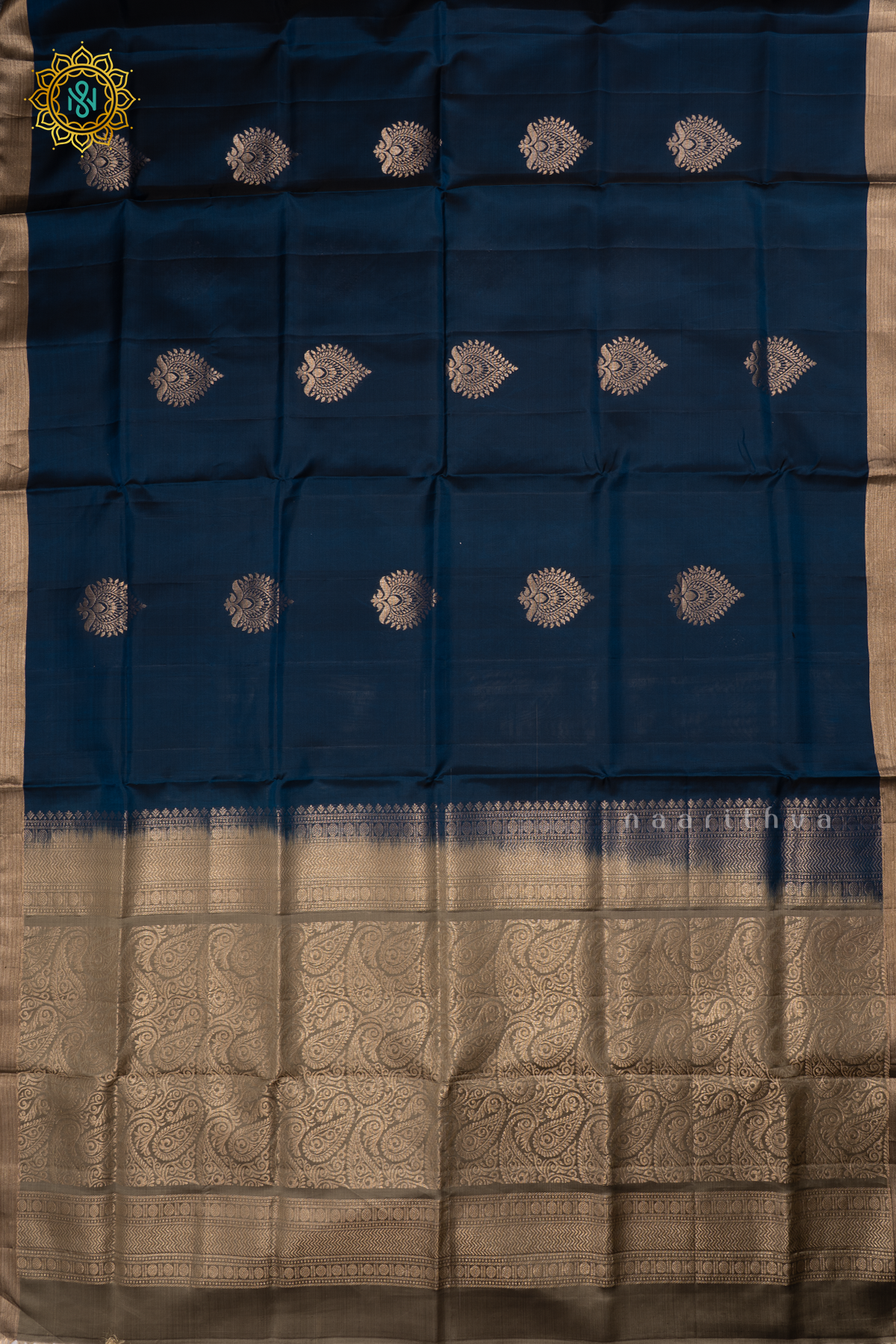 Navy Blue with Grey Pure Mix Kanjivaram Soft Silk Saree with All-Over Zari Buttas and a Contrast Zari Border