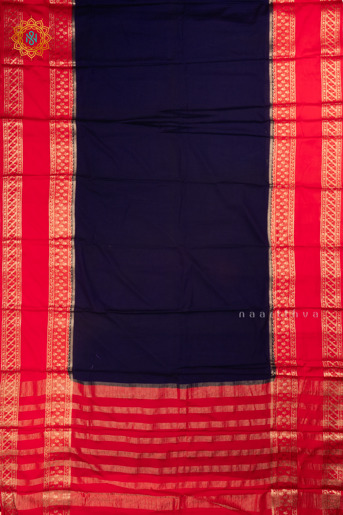 Navy Blue with Red  Semi Mysore Crepe Silk Saree Allover Plain Body with Contrast Zari Border, Pallu and Blouse
