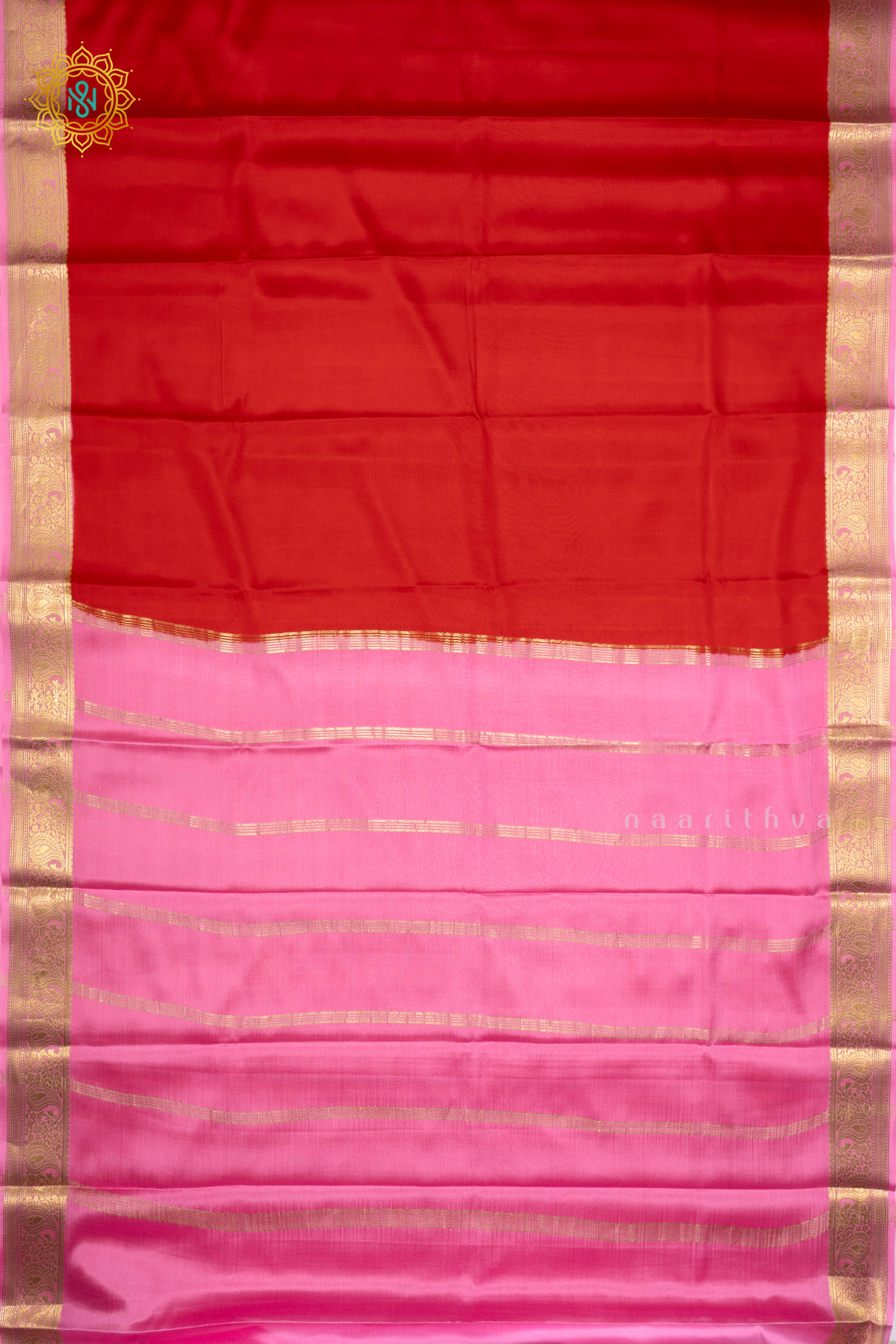 RED WITH LIGHT PINK - PURE MYSORE CREPE SILK