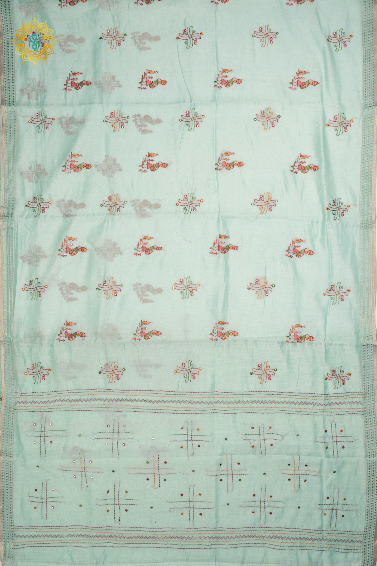 LIGHT GREEN - CHANDERI  COTTON SAREE WITH EMBROIDERY BUTTAS,  PALLU AND  THREAD WOVEN BORDER