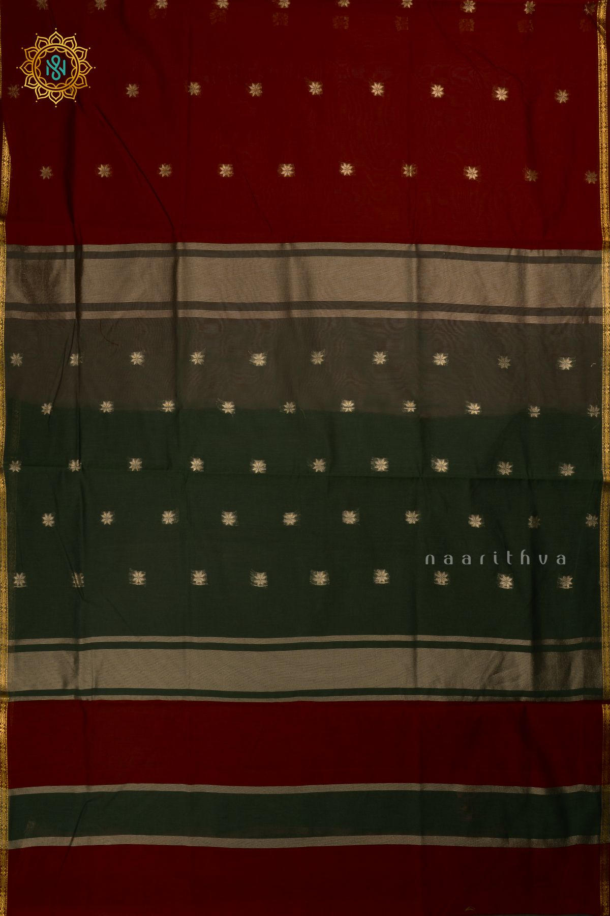 Maroon With Green Silk Cotton Saree With Zari Woven Buttas And Contrast Zari Border