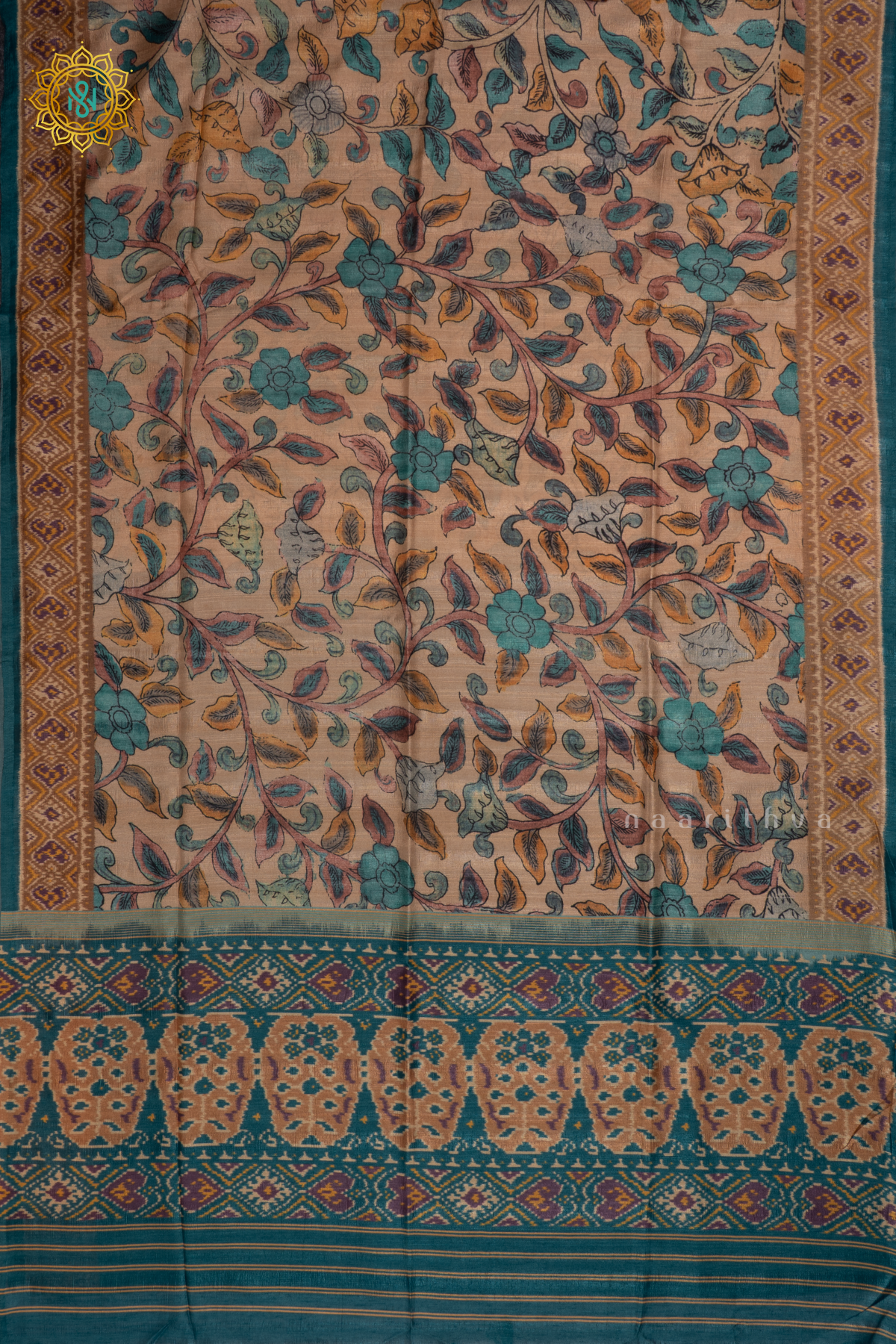 Beige With Blue - Semi Gicha Tussar Saree Allover Kalamkari Printed Body With Pallu And Blouse