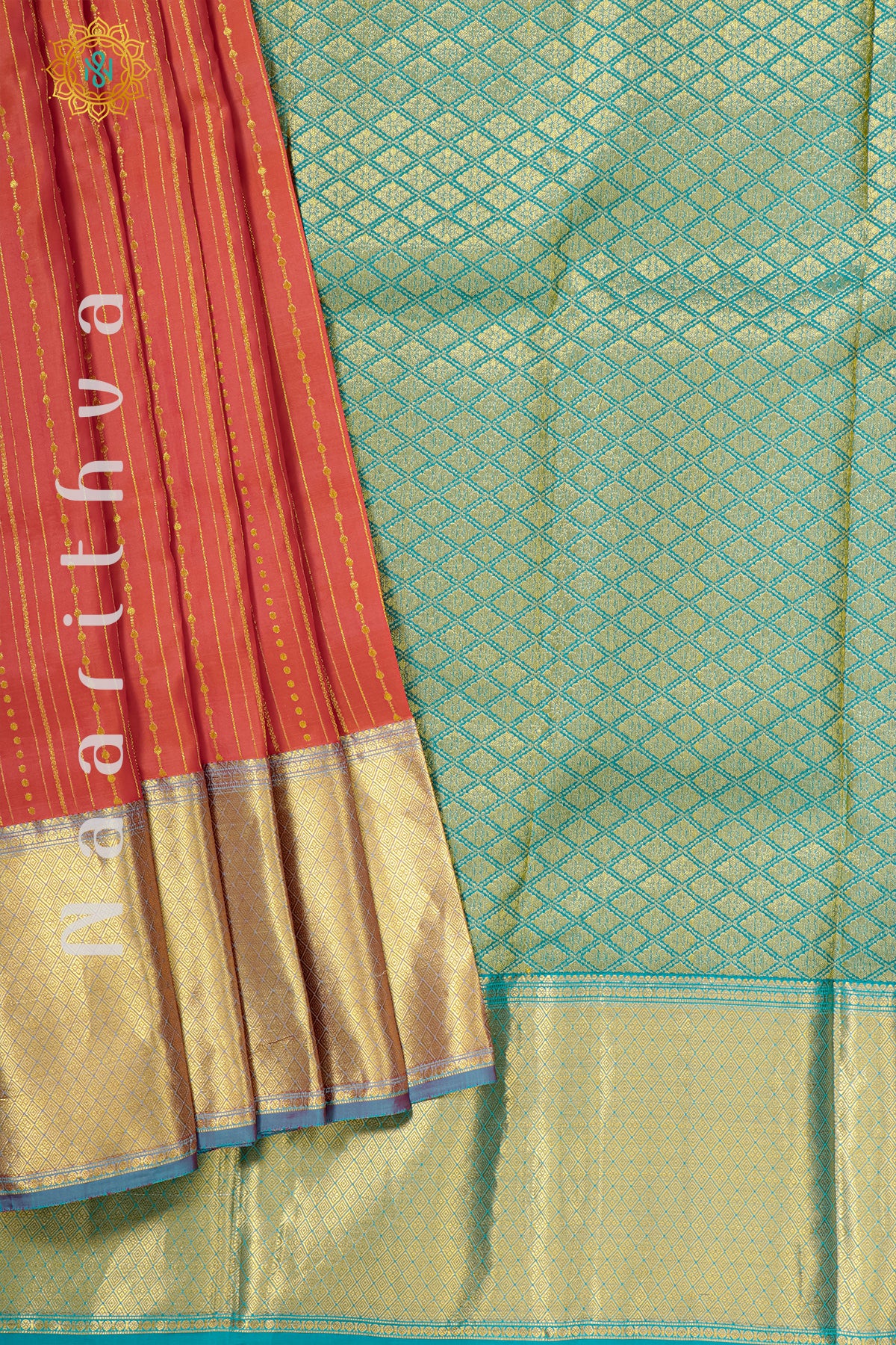 REDDISH ORANGE WITH CYAN GREEN - KANJIVARAM PURE MIX