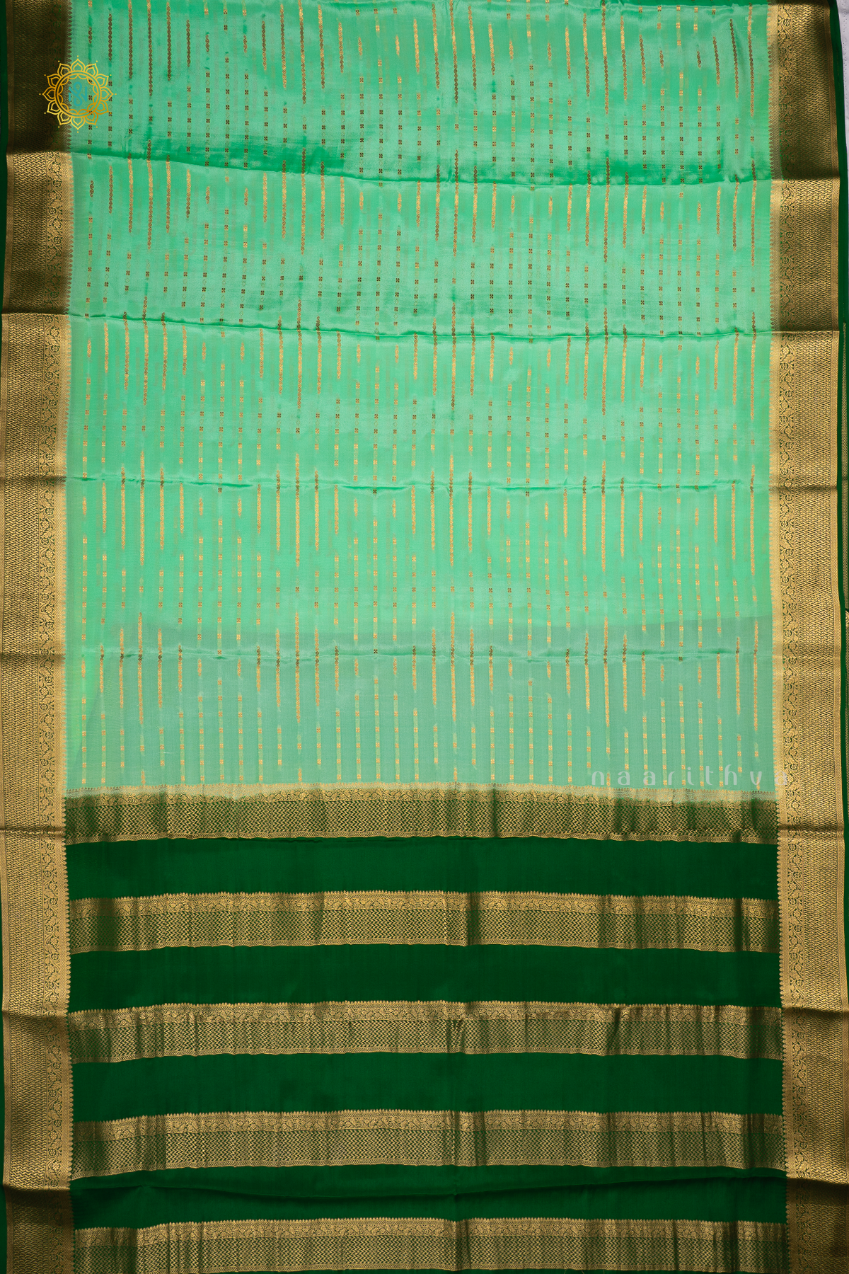 AQUA GREEN WITH BOTTLE GREEN - PURE MYSORE CREPE SILK