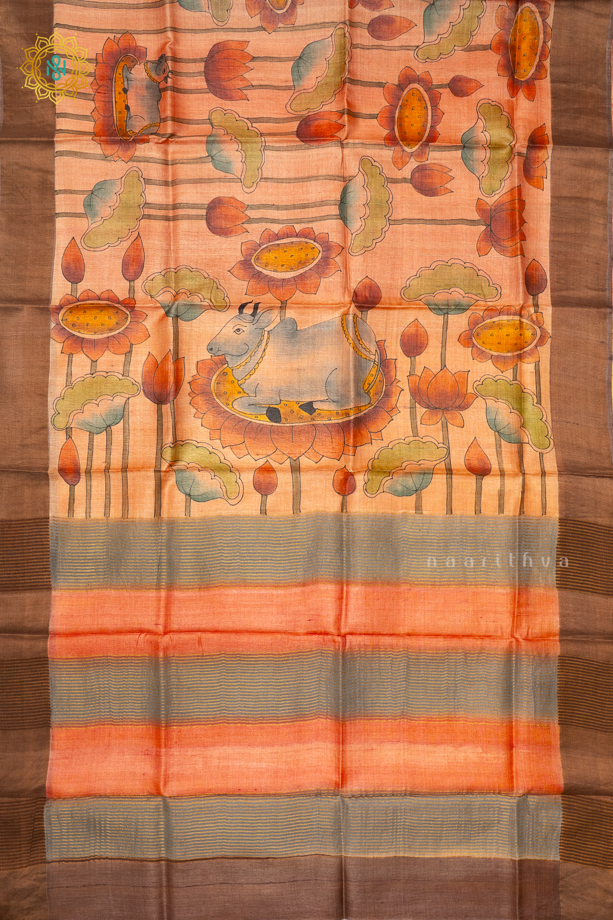 DARK PEACH WITH YELLOW - PURE TUSSAR SILK