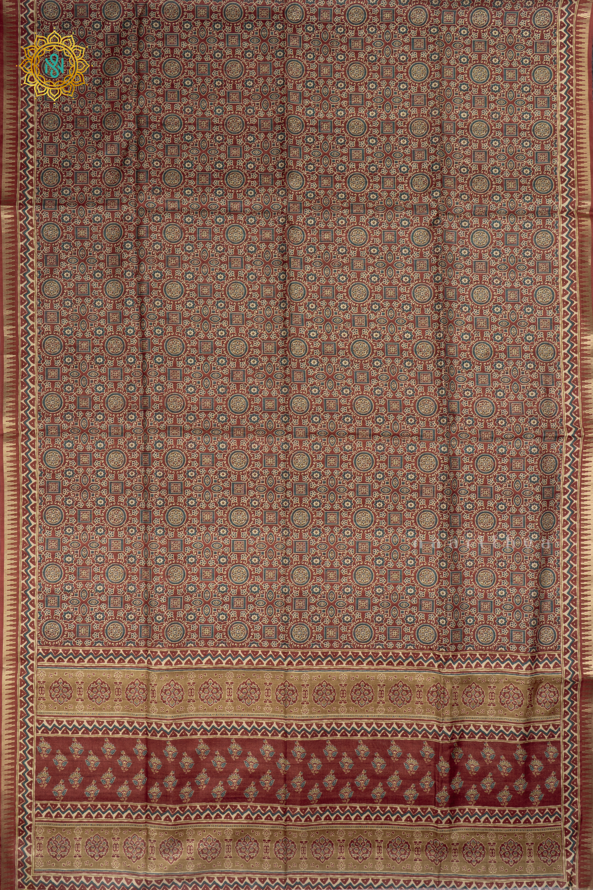 Brown - Semi Gicha Tussar Saree Allover Ajrakh Printed Body With Pallu And Blouse