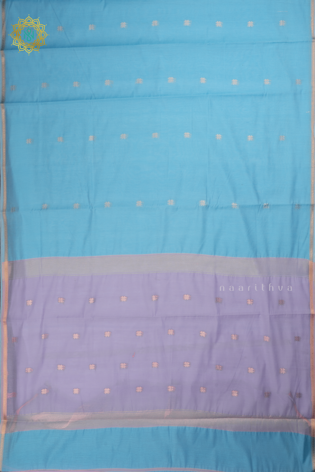 Blue With Lavender Silk Cotton Saree With Zari Woven Buttas And Contrast Zari Border