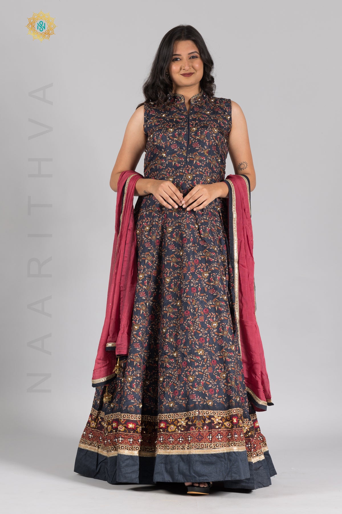 GREY WITH PINK - PRINTED PARTY WEAR GOWN WITH DUPATTA