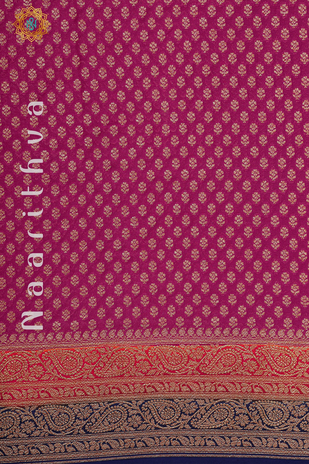 PINK WITH ORANGE & BLUE - PURE HANDLOOM KHADDI GEORGETTE BANARAS