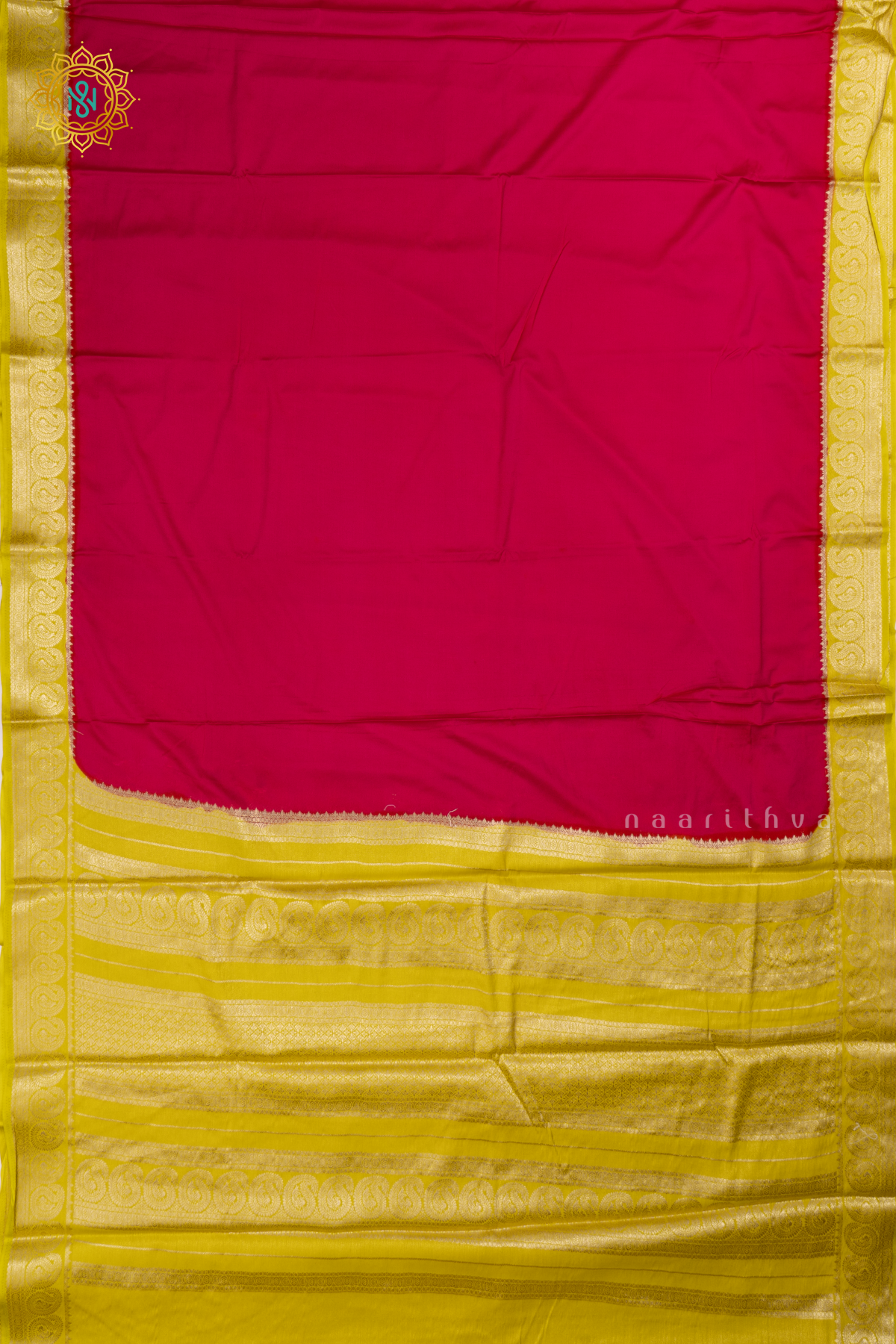 Rani Pink With Yellow Semi Mysore Crepe Saree Plain Body With Contrast Mango Zari Border